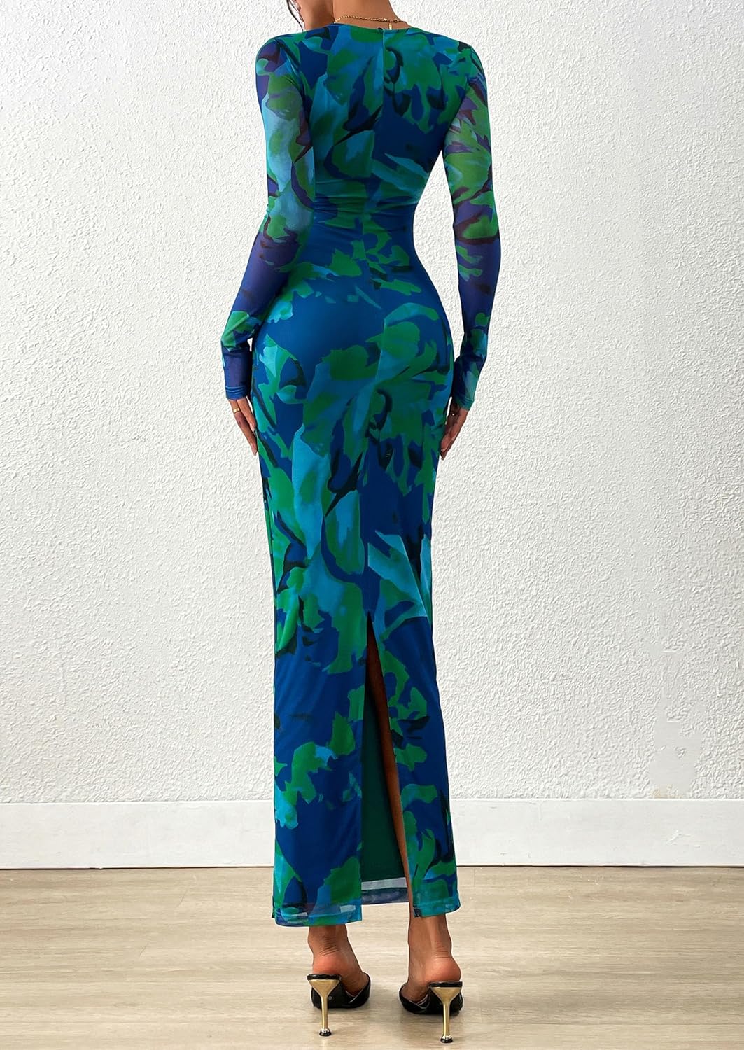 PRETTYGARDEN Wedding Guest Dresses for Women Spring Long Sleeve Ruched Bodycon Floral Mesh Cocktail Party Fall Maxi Dress - Image 5