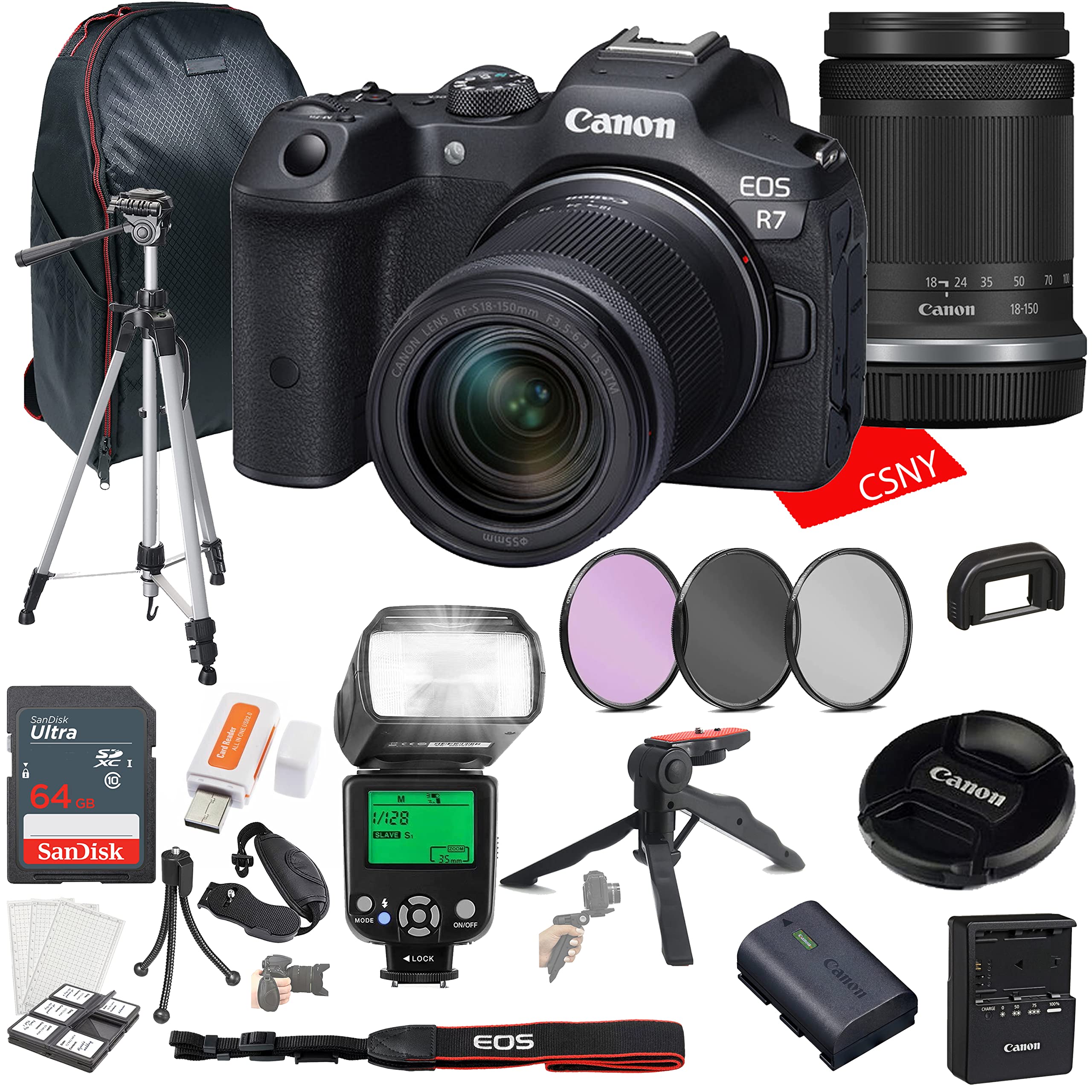 Canon EOS R7 Mirrorless Camera w/RF-S 18-150mm f/3.5-6.3 is STM Lens + 64GB Memory + Back Pack Case + Tripod, TTL Flash, Filters, & More (28pc Bundle)
