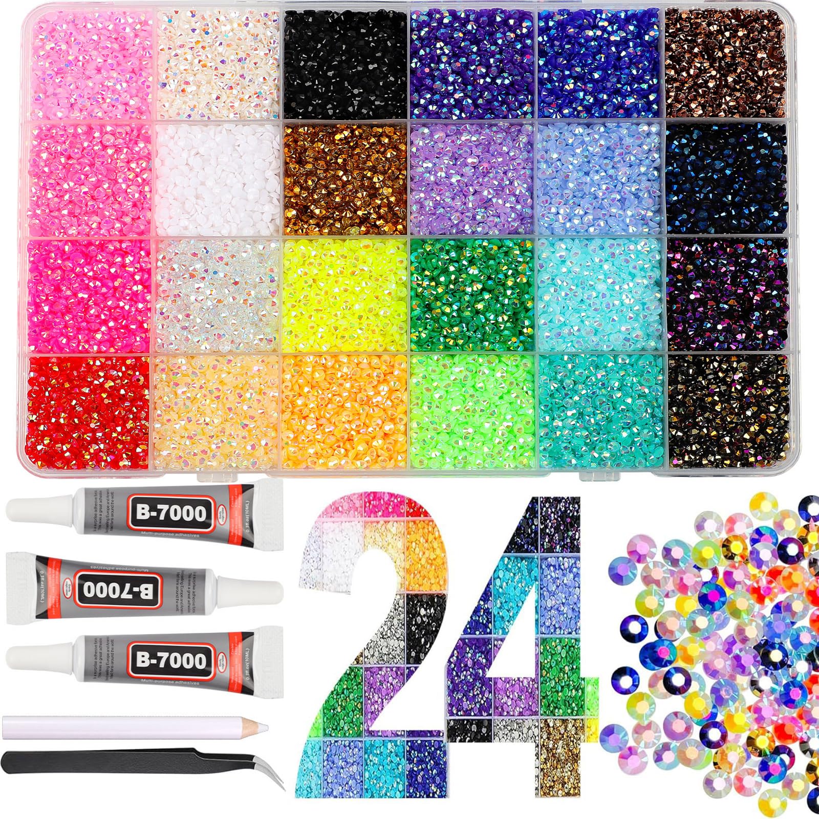 Pluffy 24 Color 24000Pc-B 40 Colors Colorful Diy 32000Pcs Resin Rhinestone Bedazzling Kit With Glue And Pen，Bedazzle Kit，Flatback Gems Bedazzler Kit With 3Pcs 10Ml Jewelry Glue For Nail Makeup (24 Color 24000Pc-B)