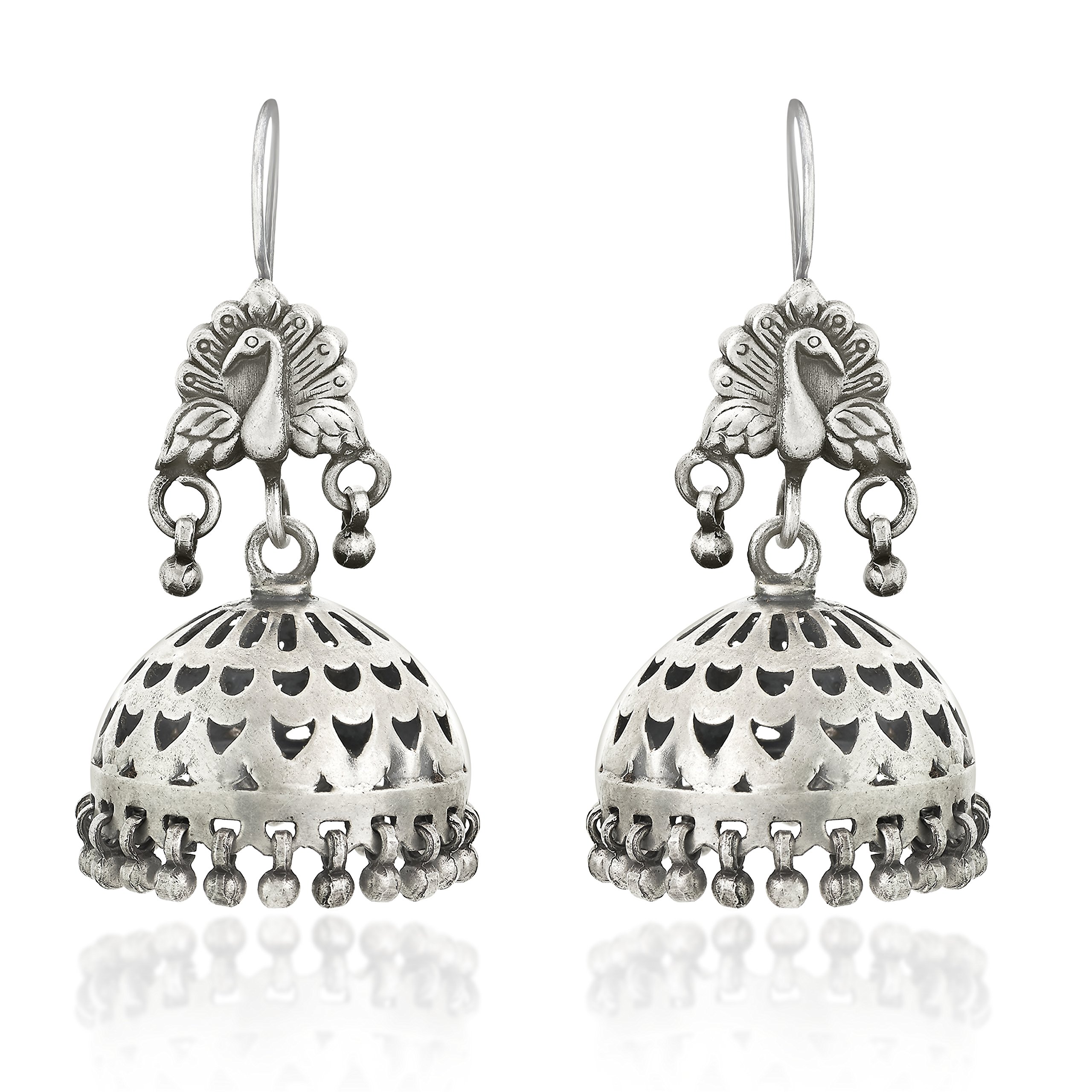 Indian Ethnic Sterling Silver Peacock Cutwork Fishhook Earrings