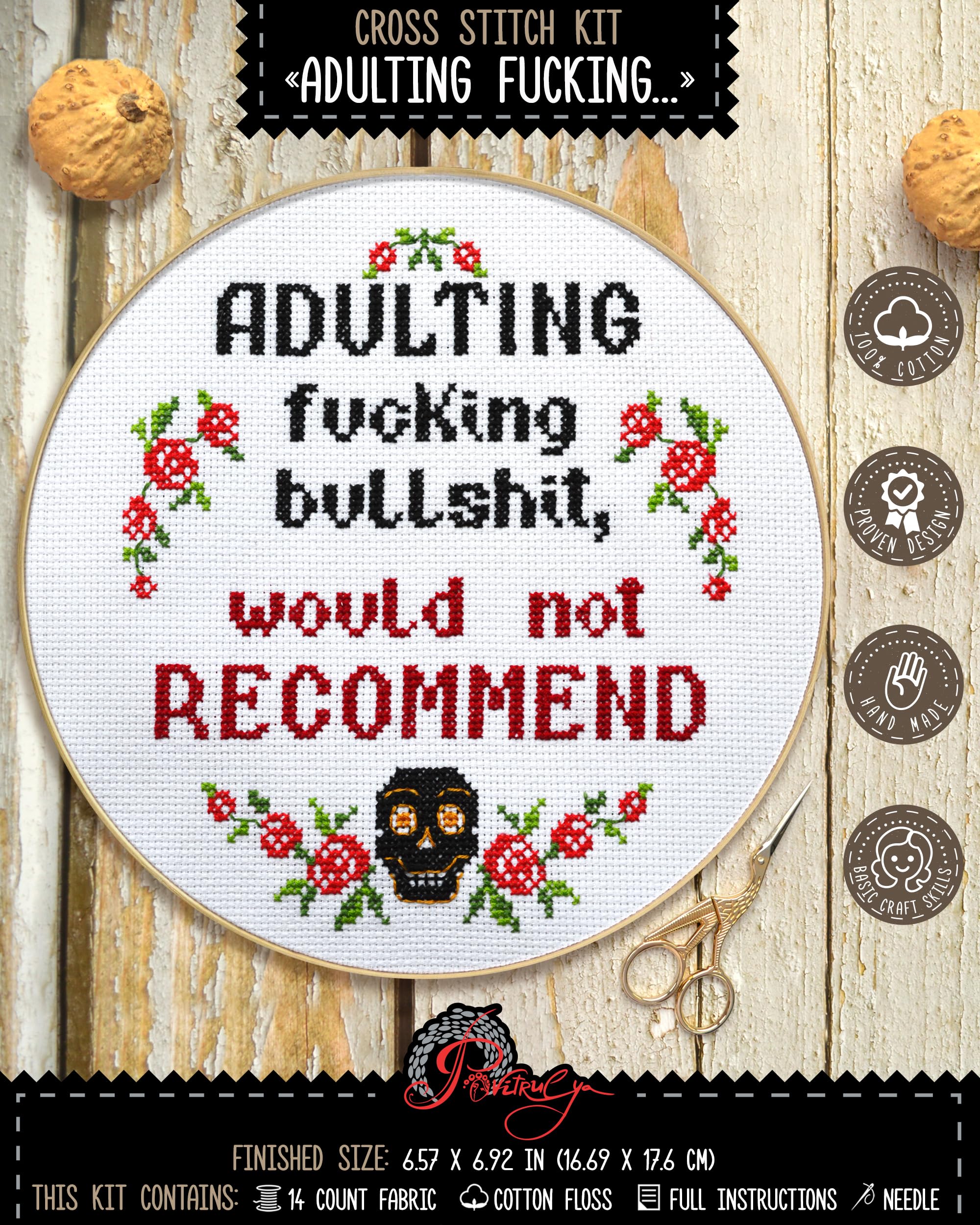 Povitrulya Adulting Would Not Recommend Counted Cross Stitch Bookmark Kit - DIY Subversive Hand Embroidery Set for Adults with Funny Sarcastic Quote, 16 Count Aida Cloth and Pre-Sorted Floss