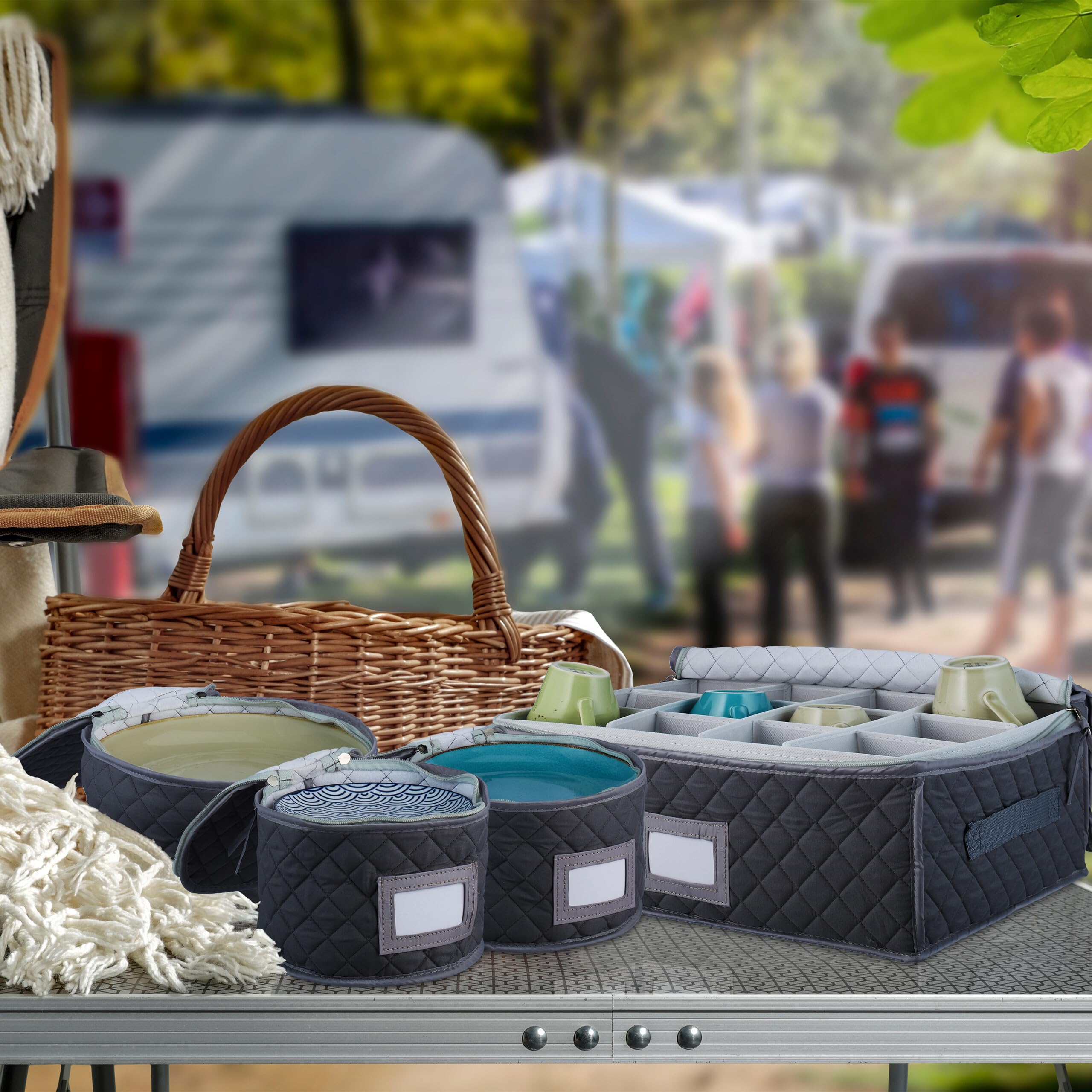 Relaxdays Boîte de Rangement pour la Vaisselle, Set de 6, pour 12 Assiettes, Verres et Tasses, rembourrée, Gris