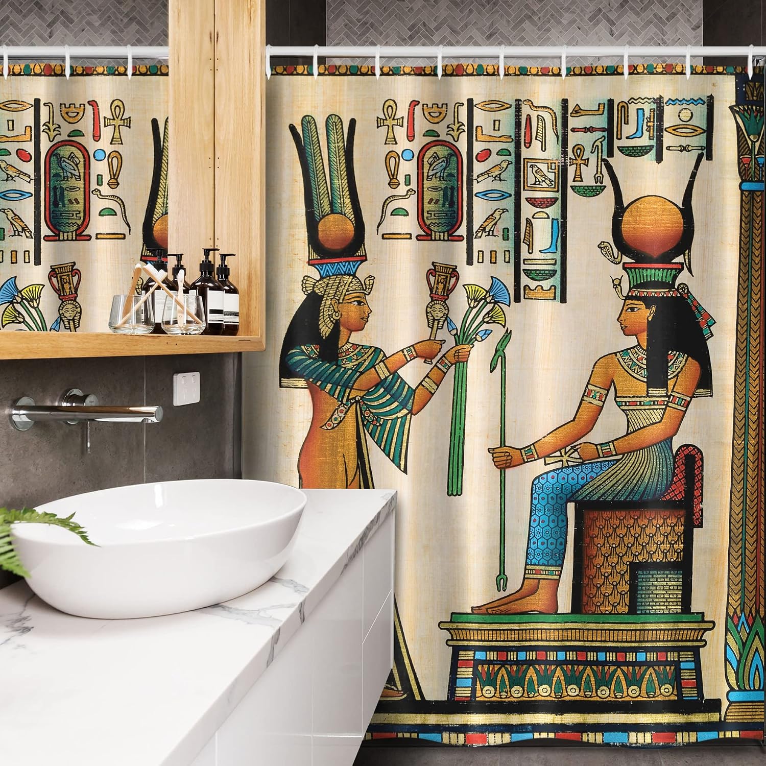 Ambesonne Egyptian Print Stall Shower Curtain, Old Papyrus Depicting Queen Nefertari Historical Empire Art, Fabric Bathroom Decor Set with Hooks, 54" W x 78" L, Burnt Orange Eggshell Green