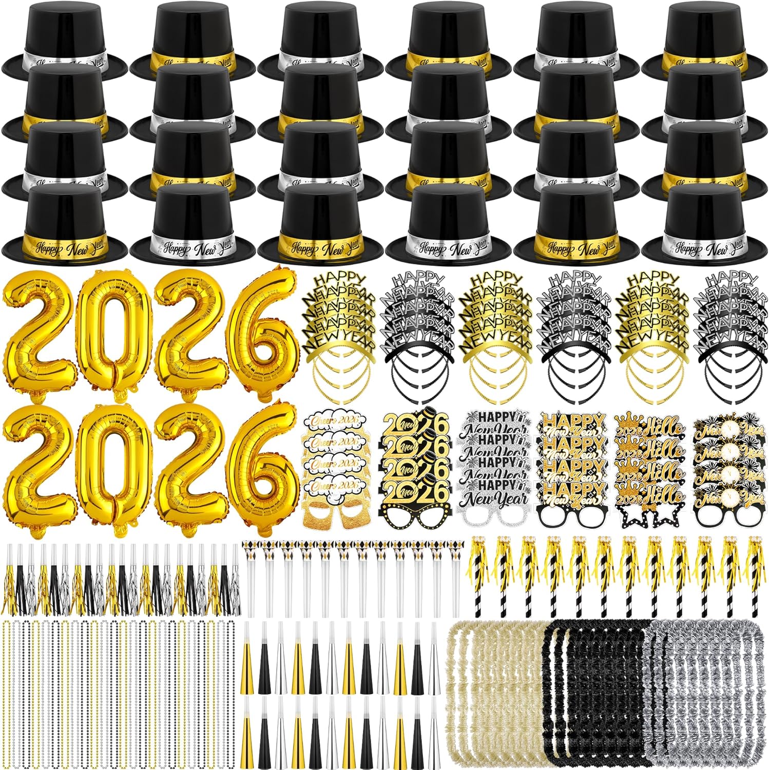 Aneco 194 PCS New Year's Eve Party Kit for 24 Guests Happy New Year Party Supplies Set with Hats Headbands Noisemakers Horns Glasses Bead Necklaces Garlands 2026 Foil Balloon for New Year Decoration