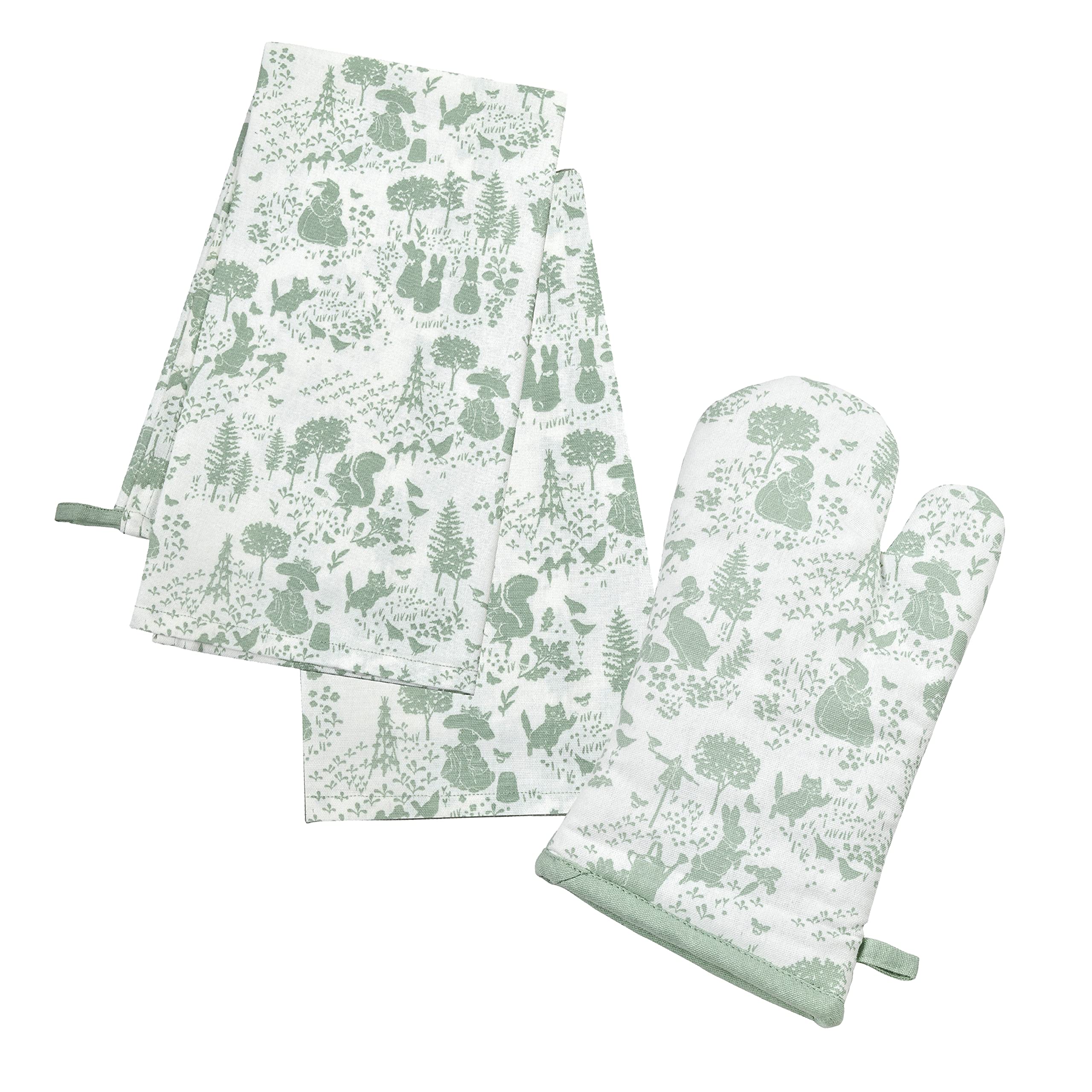 Auntie Morags Green Peter Rabbit Classic Cotton Tea Towels & Oven Gauntlet Set
