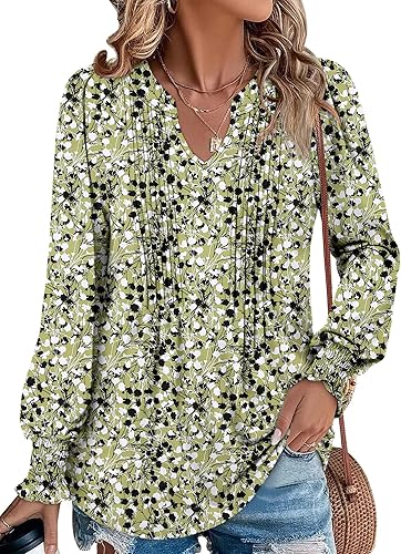 BETTE BOUTIK Long Sleeve Shirts for Women Fall Tops Dressy Blouses Pleated V Neck Tunic Tops for Leggings S-3XL