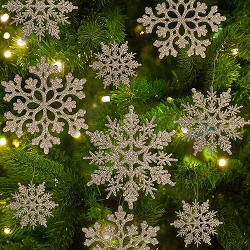 Miniatura 22 de 36 adornos de copos de nieve plateados iridiscentes de Navidad, copos de nieve colgantes de plástico con purpurina para decoración de árbol de Láser