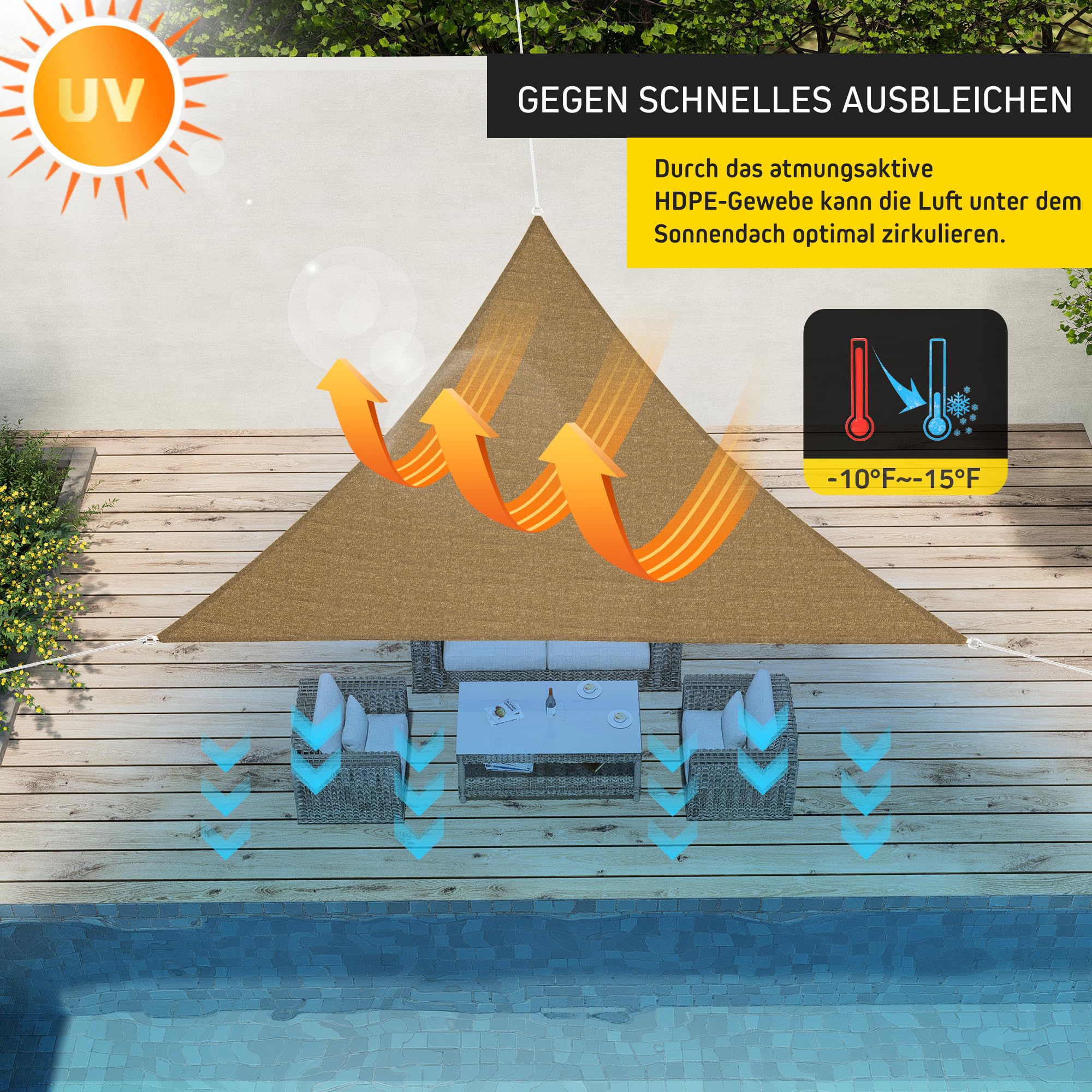 jarolift Toldo Vela Triangular Transpirable Protección Solar y Privacidad para Jardín, Balcón, Terraza, 360 x 360 x 360 cm, Beige