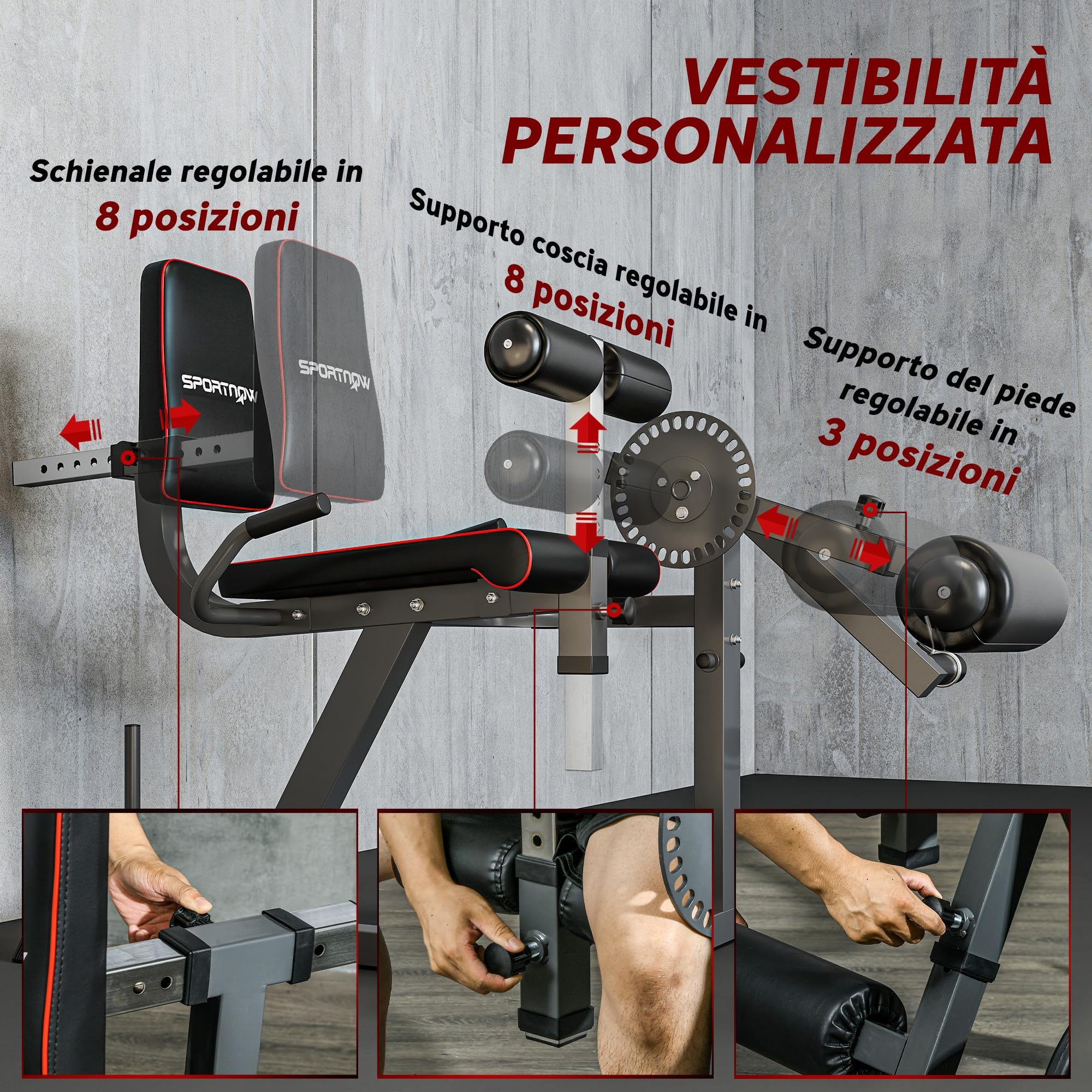 SPORTNOW Macchina Fitness con Schienale e Cuscinetti Regolabili per Leg Extension e Leg Curl, Panca Palestra con Spazio per Dischi Pesi in Acciaio e Plastica, Grigio e Nero