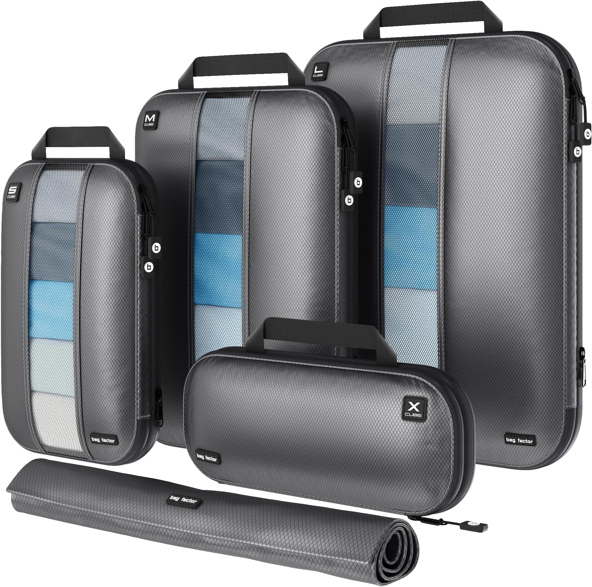 Premium Ultralight Compression Packing Cubes for Travel - Bag Factor Luggage Organizer Set (Grey - 5 Set)