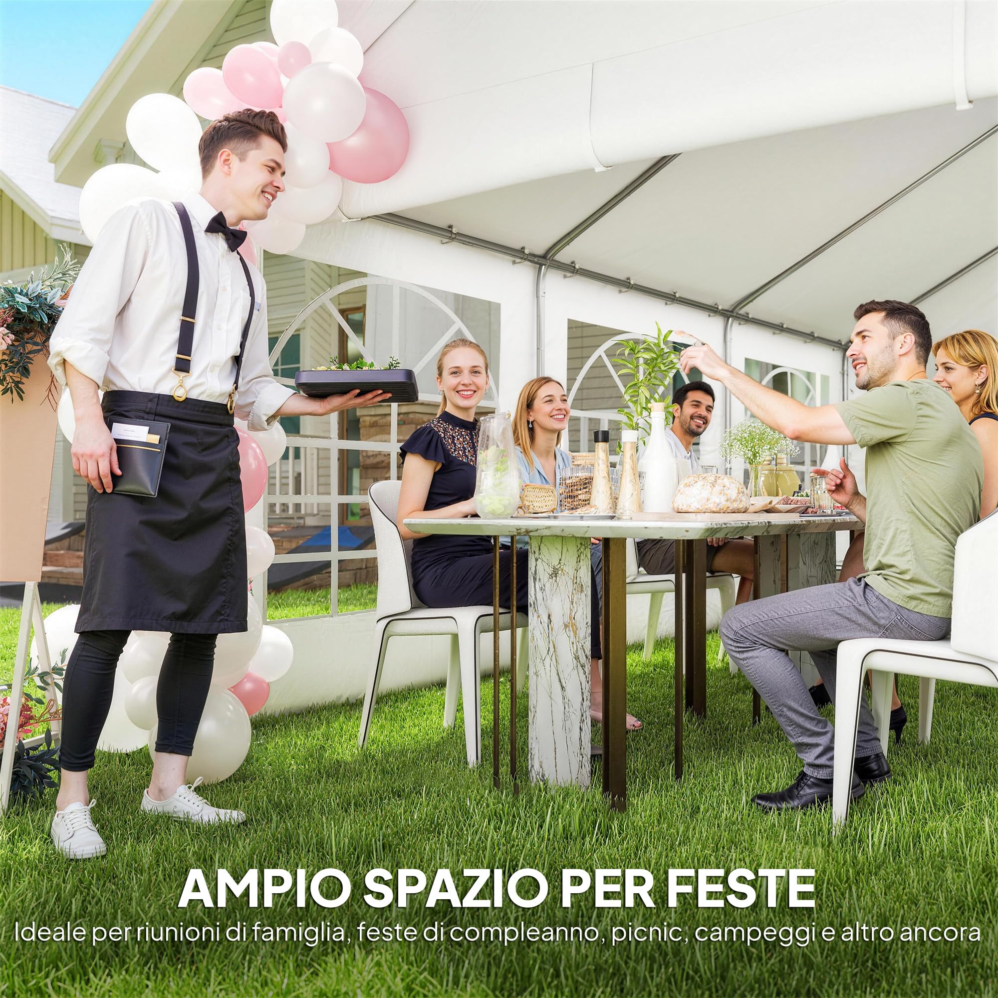 Outsunny Tendone per Feste 4x6 m con Luci LED, Gazebo da Giardino in Acciaio Zincato con Porte a Cerniera, Finestre, Pareti Laterali Rimovibili, Gazebo da Esterno per Matrimoni Eventi Raduni, Bianco