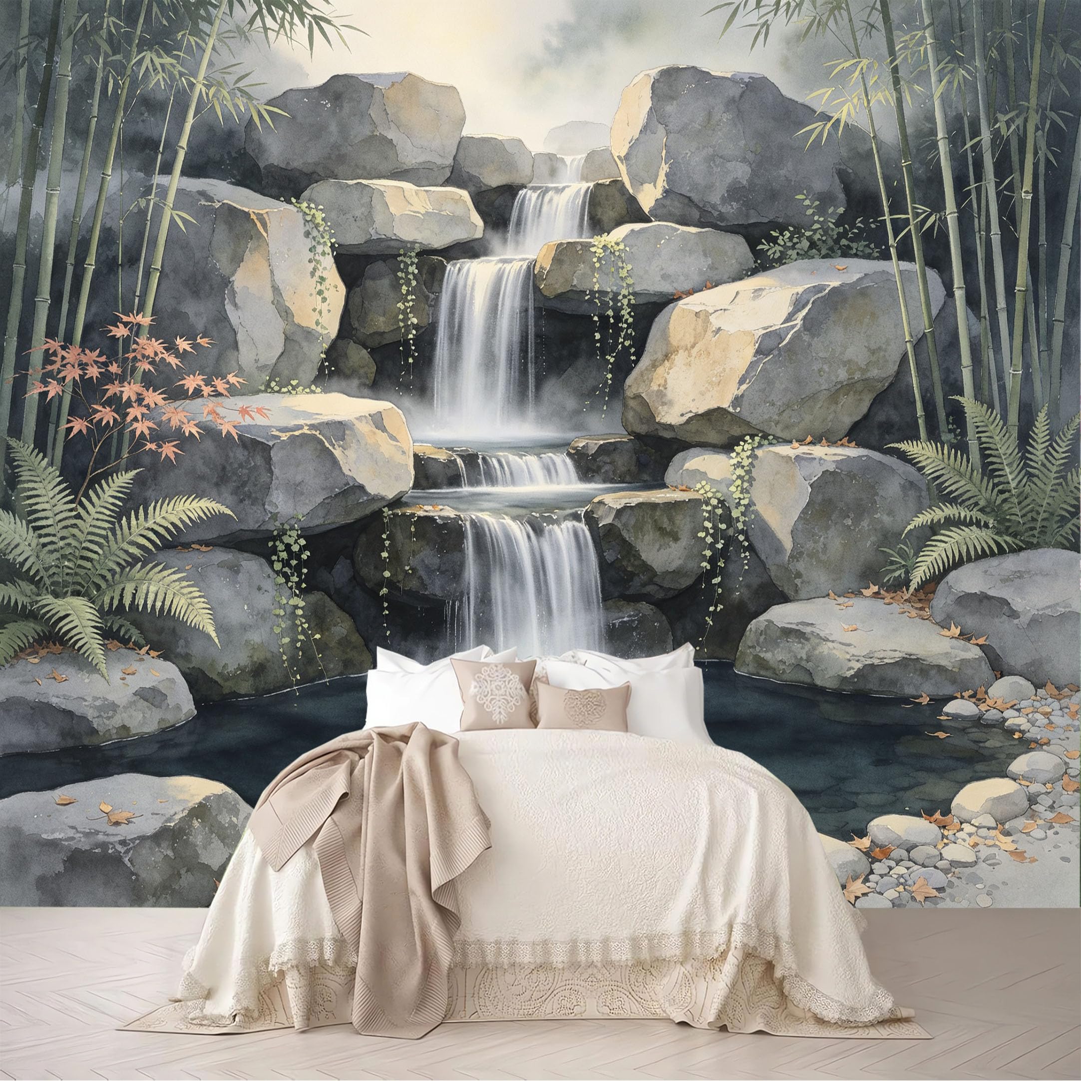 Custom Size Wall Mural Bamboo Rock Multi-Tier Waterfall Oriental Watercolor Removable Self Adhesive Peel and Stick Wallpaper for Bedroom Living Room
