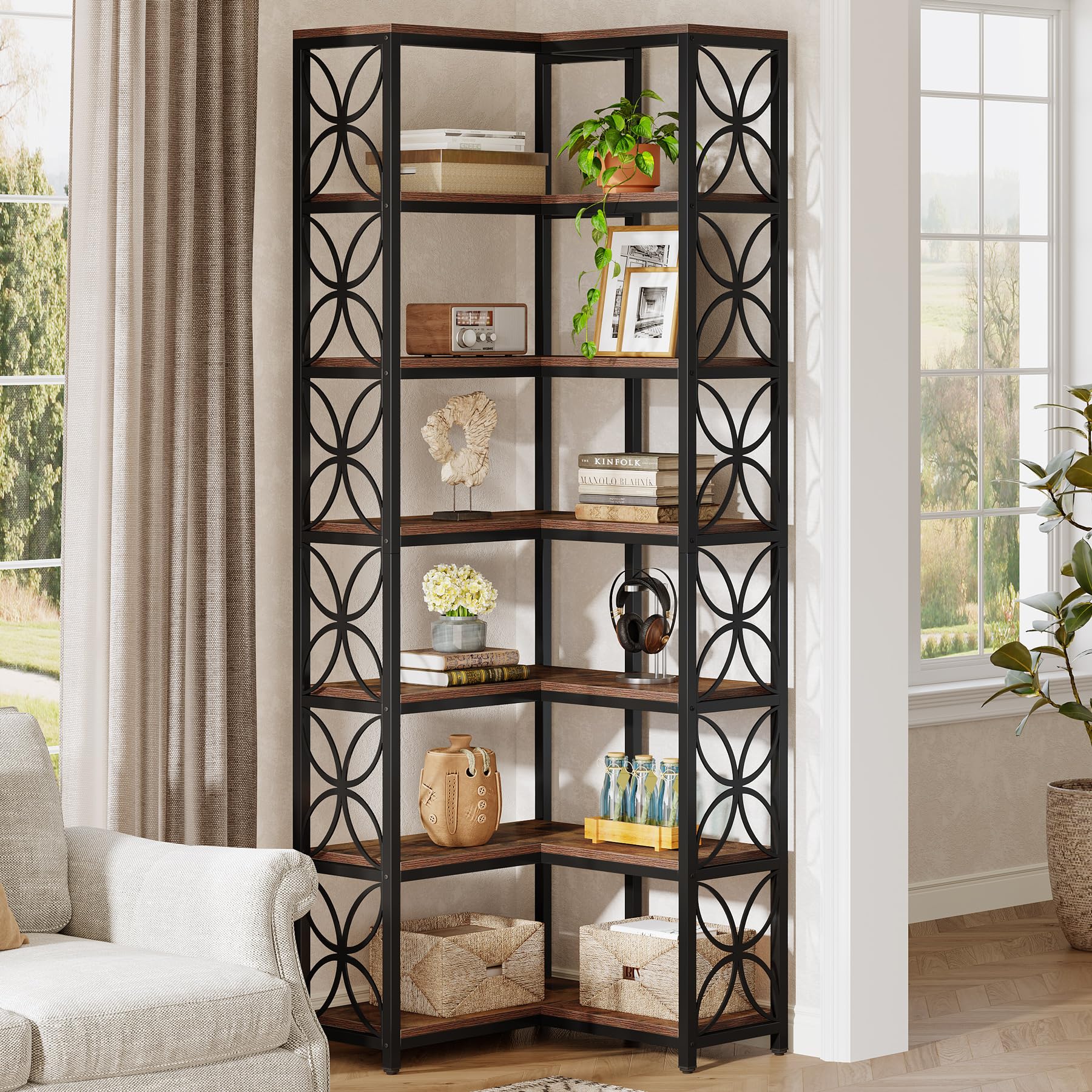 Tribesigns Libreria Angolare da 200 cm, Scaffale Angolare a Forma di L in Legno con 7 Ripiani, Stile Industriale, Angoliera Soggiorno per Soggiorno, Cucina, Ufficio, Marrone Rustico e Nero