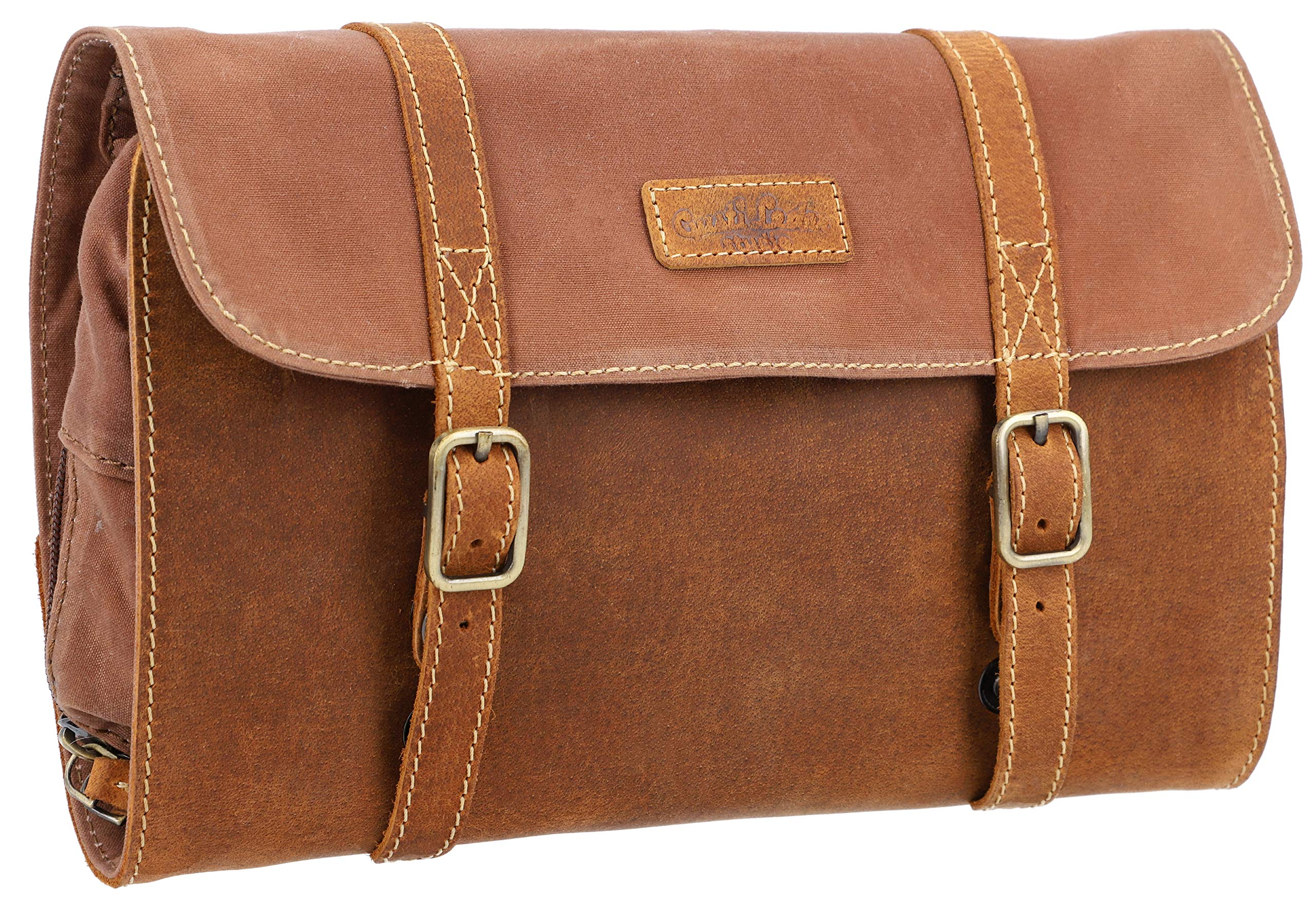 Gusti Rodney - Bolsa de aseo de piel para mujer y hombre, para colgar, neceser de viaje, neceser de maquillaje, organizador, artículos de tocador, lona, piel, marrón claro, talla única, Sencillo y