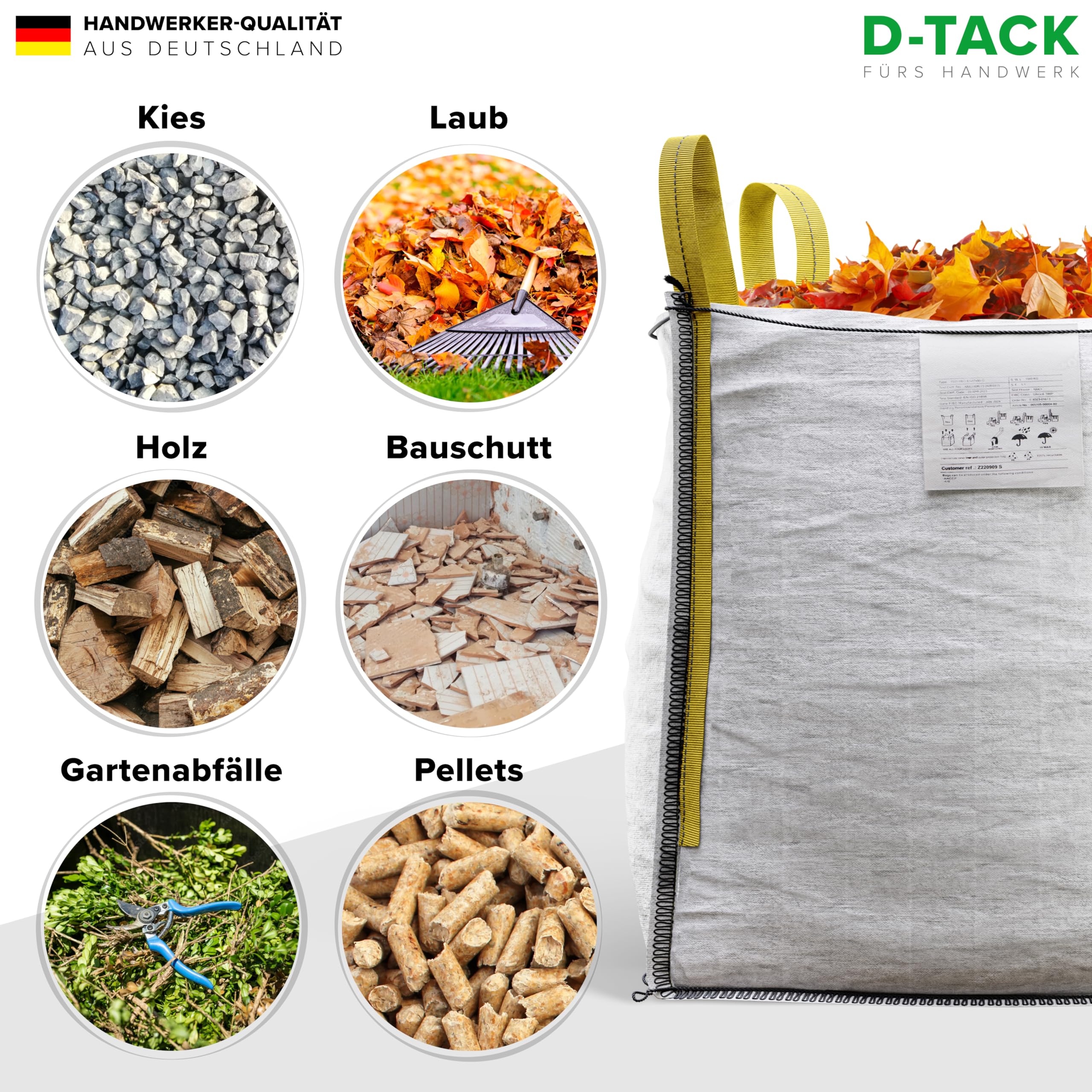 D-TACK 5x Big Bag | 70 x 70 x 90 cm | Säcke für Bauschutt, Holz, Laub, Kies, Sand, Erde, Gartenabfall, Grünschnitt, Pellets | 4 Schlaufen für Kran & Stapler | 1.000 kg | Inkl. Schürze zum Zubinden