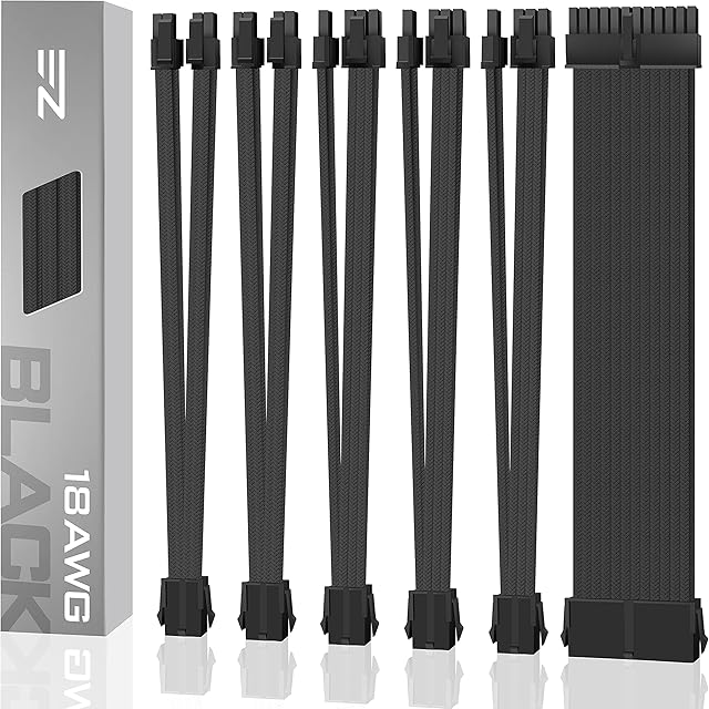 EZDIY-FAB PSU Cable Extension Sleeved Custom Mod GPU PC Power Supply Soft Nylon Braided with Comb Kit 24PIN/3x 8PIN to 6+2Pin/ 2X 8PIN to 4+4PIN-300MM/11.8in - Black