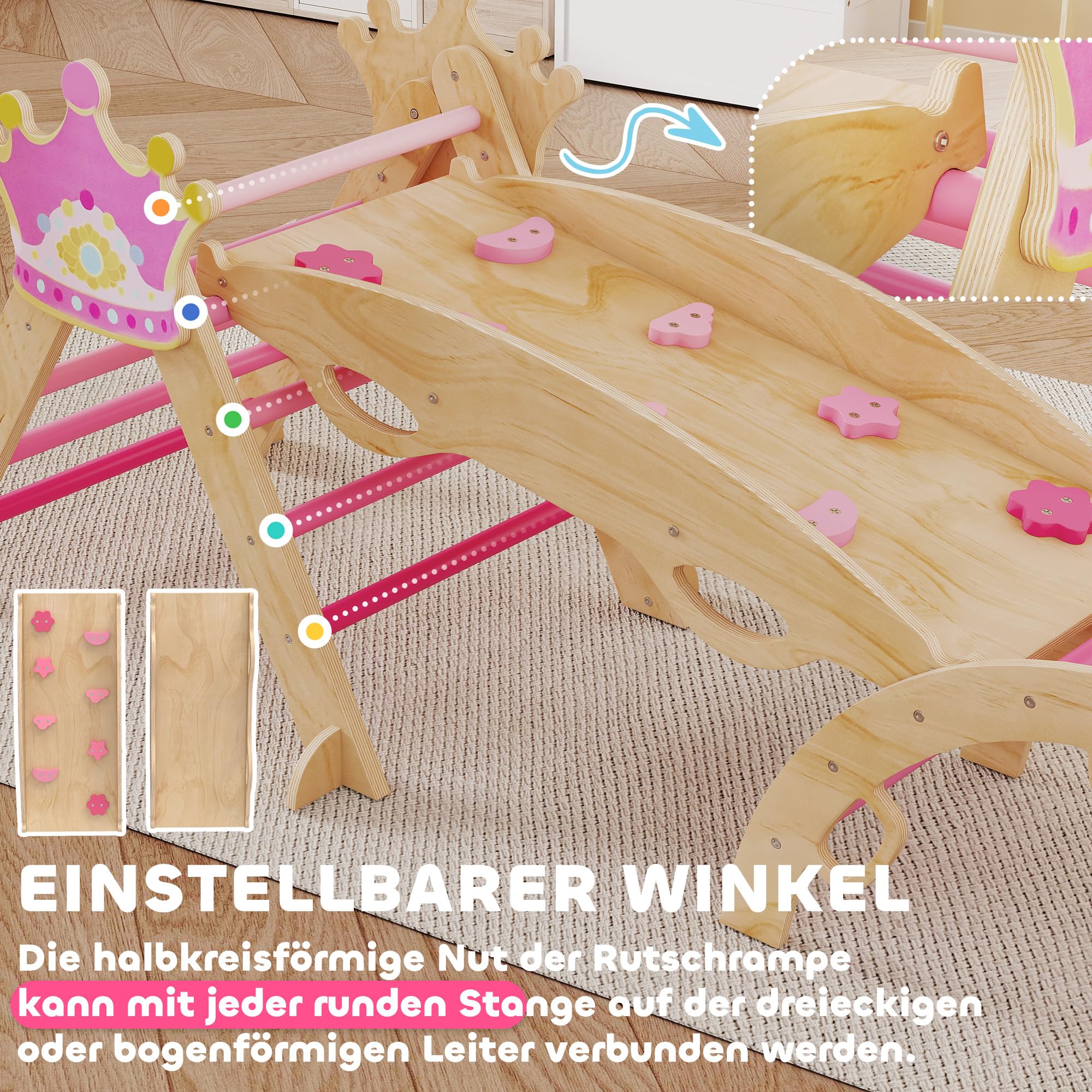AIYAPLAY 8-in-1 Montessori Klettergerüst Indoor Holz Kletterdreieck mit Kletterbogen, Rutsche, Kronenmotiv, Indoor Spielplatz mit Rampe, Schaukelbogen, für Kinder von 1,5-4 Jahre, Rosa