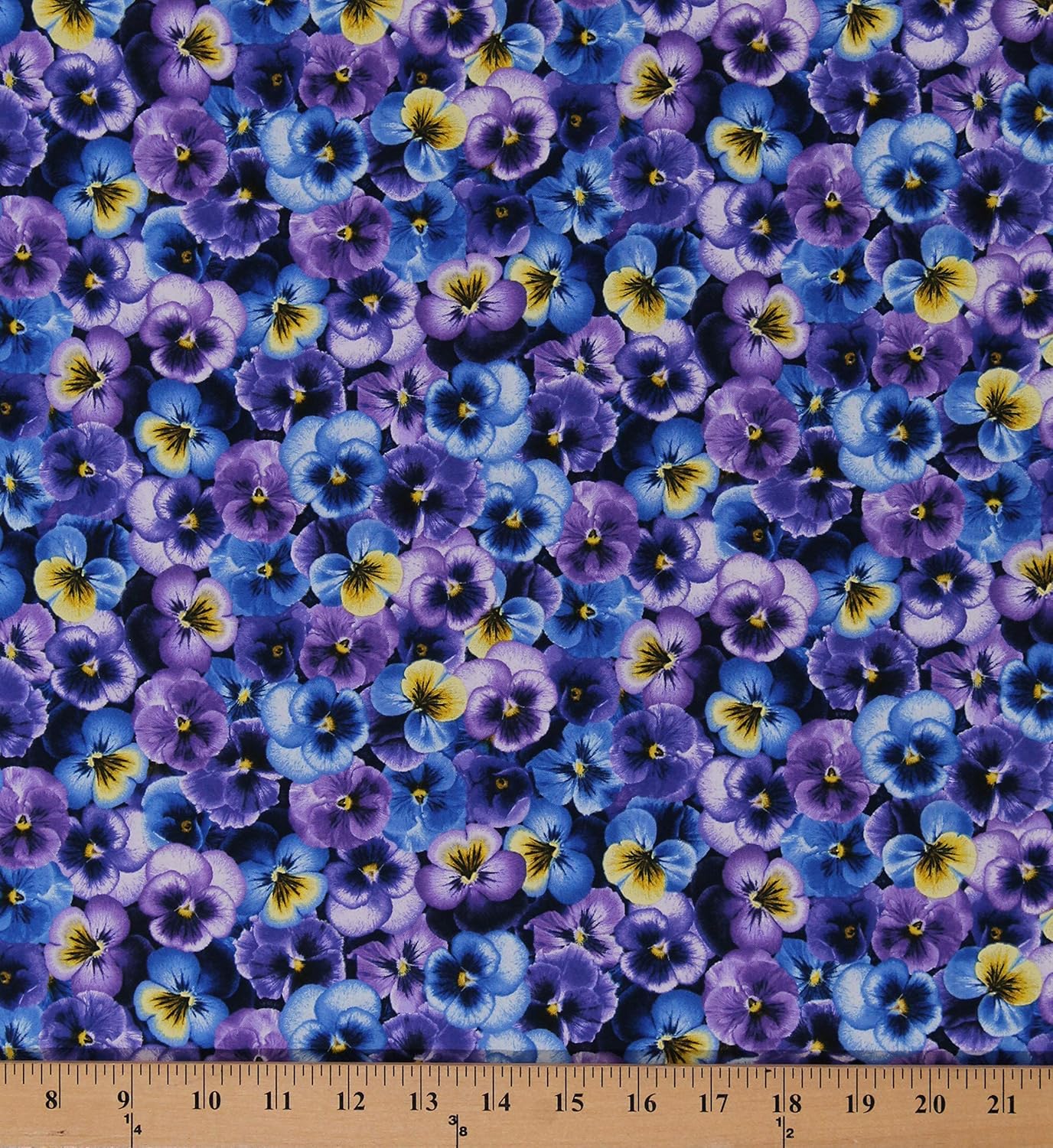 Cotton Pansies Pansy Flowers Floral Purple Blue Yellow Blossoms Cotton Fabric Print by The Yard (D587.58)