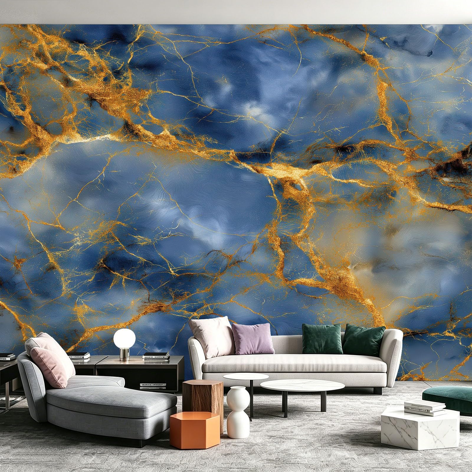Carta da parati in tessuto non tessuto Minimalista Marmo Blu Scuro Vene d'Oro 350 x 256 cm Decorazione Murale XXL Poster Quadri Murali Arazzo Panoramico Foto, Sfondo Mobile TV Ingresso Camera d'Acqua