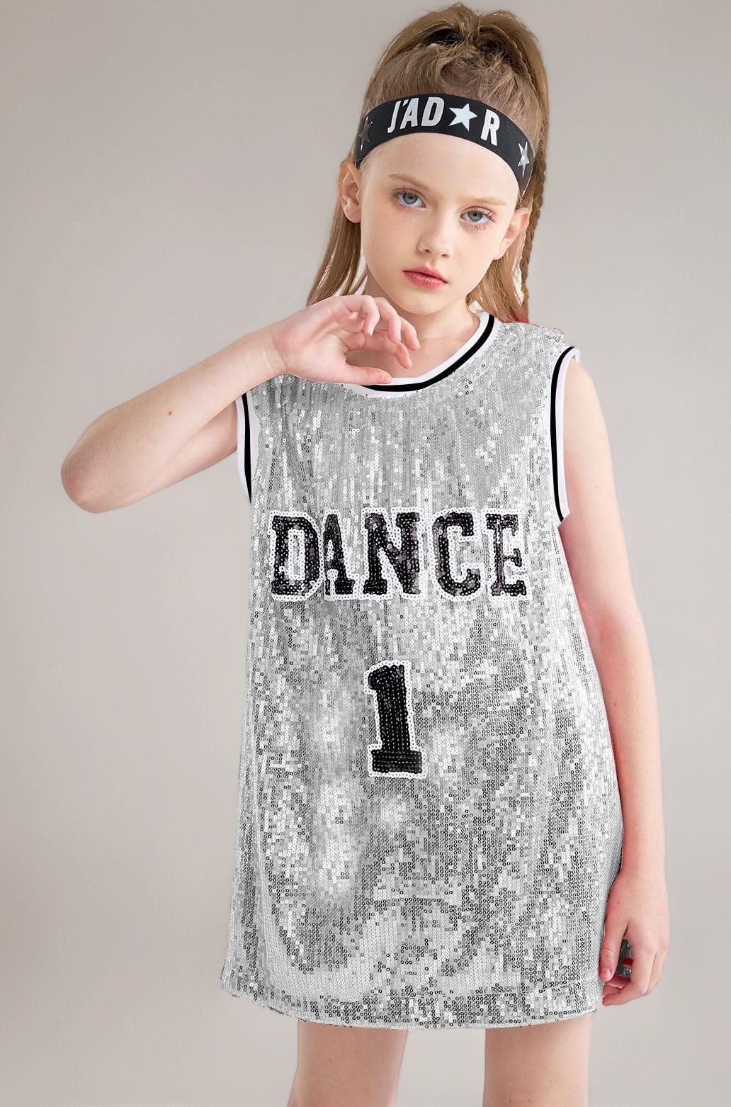Girls Hip Hop Dance Clothes Kids Jersey Sequin Dress Long Tank Top Jazz Cheerleading T-Shirt, Silver, 12-14