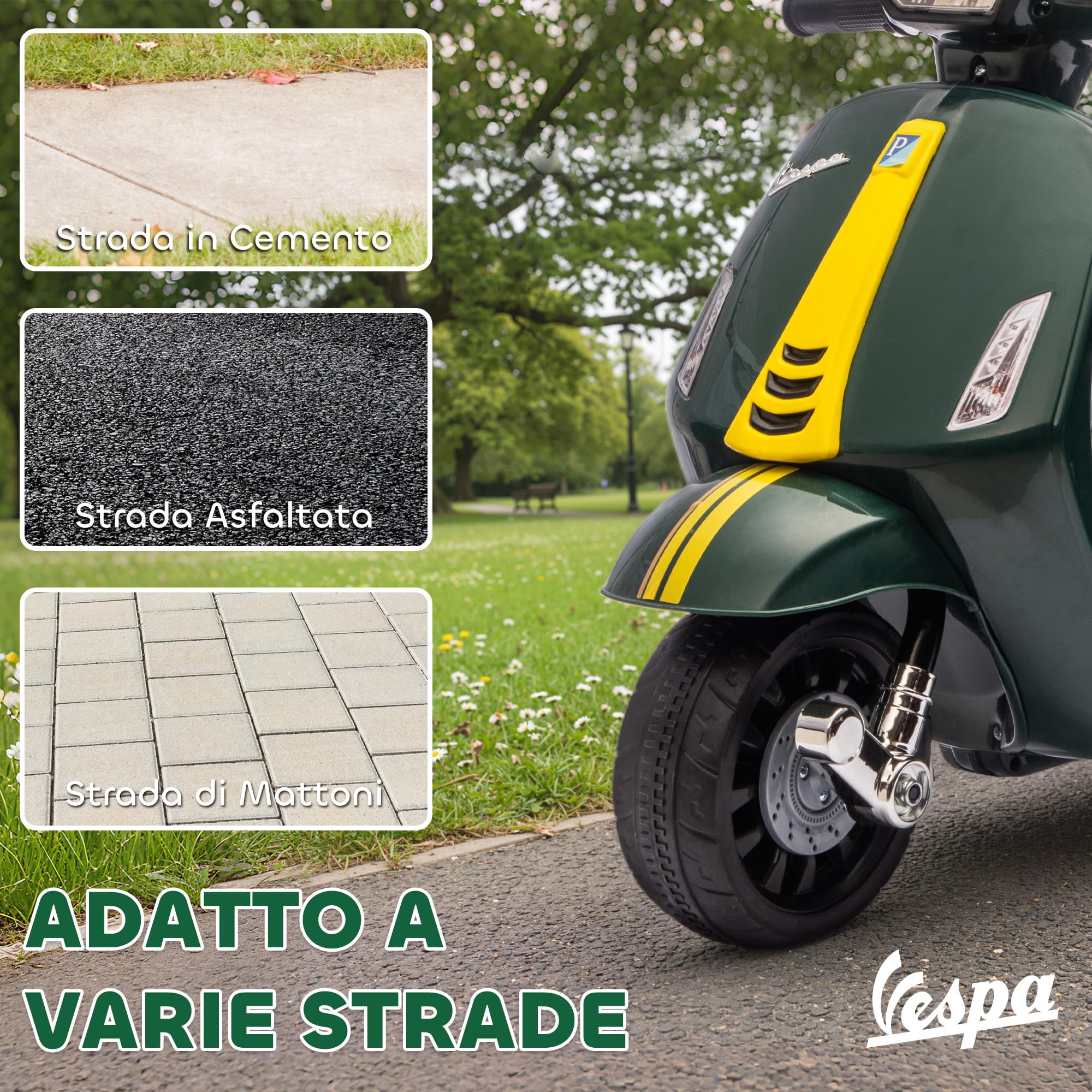 AIYAPLAY Moto Elettrica per Bambini con Licenza Vespa Ufficiale, Motorino per Bambini con Batteria Ricaricabile 6V e Rotelle, Luci e Clacson, Età 2-4 Anni, Verde Scuro