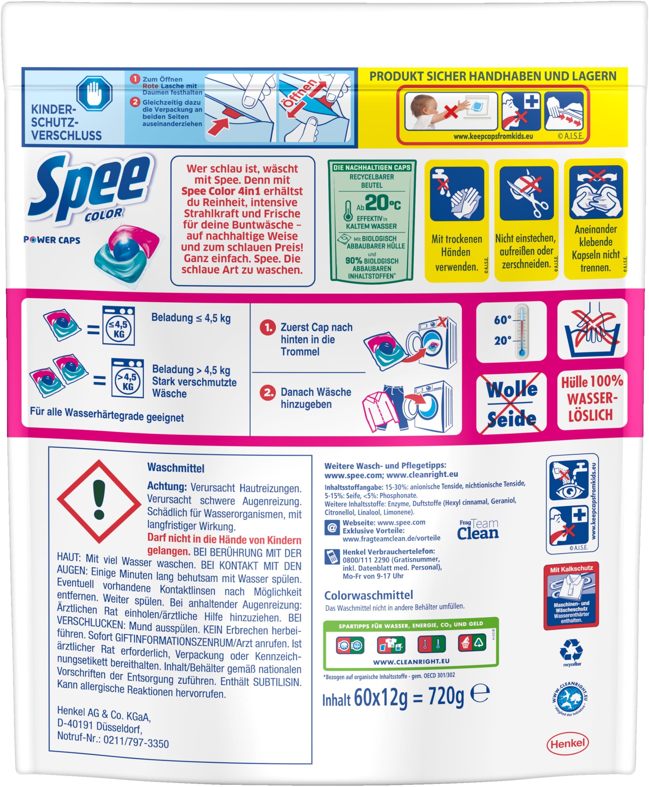 Spee Power Caps Color (120 Waschladungen), mit 4 in 1 Formel verleiht Reinheit, Strahlkraft & Frische, Waschmittel mit Extra Frische-Effekt, 20–60 °C