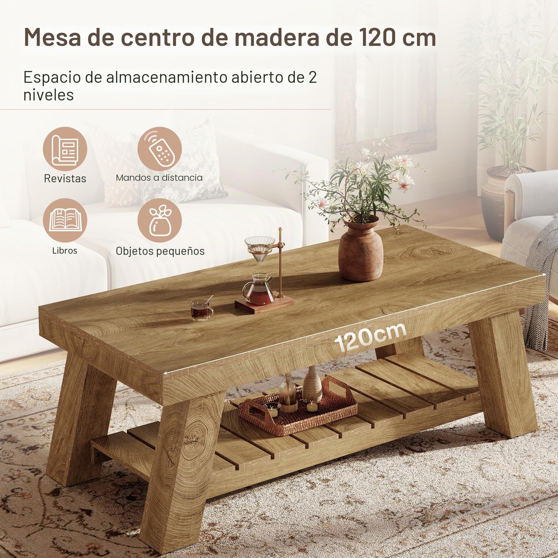 Tribesigns Mesa de Centro Rectangular, 120 cm Mesa Salon de Madera, Mesita de Café de Acento Rústica de 2 Niveles para Apartamento, Hogar