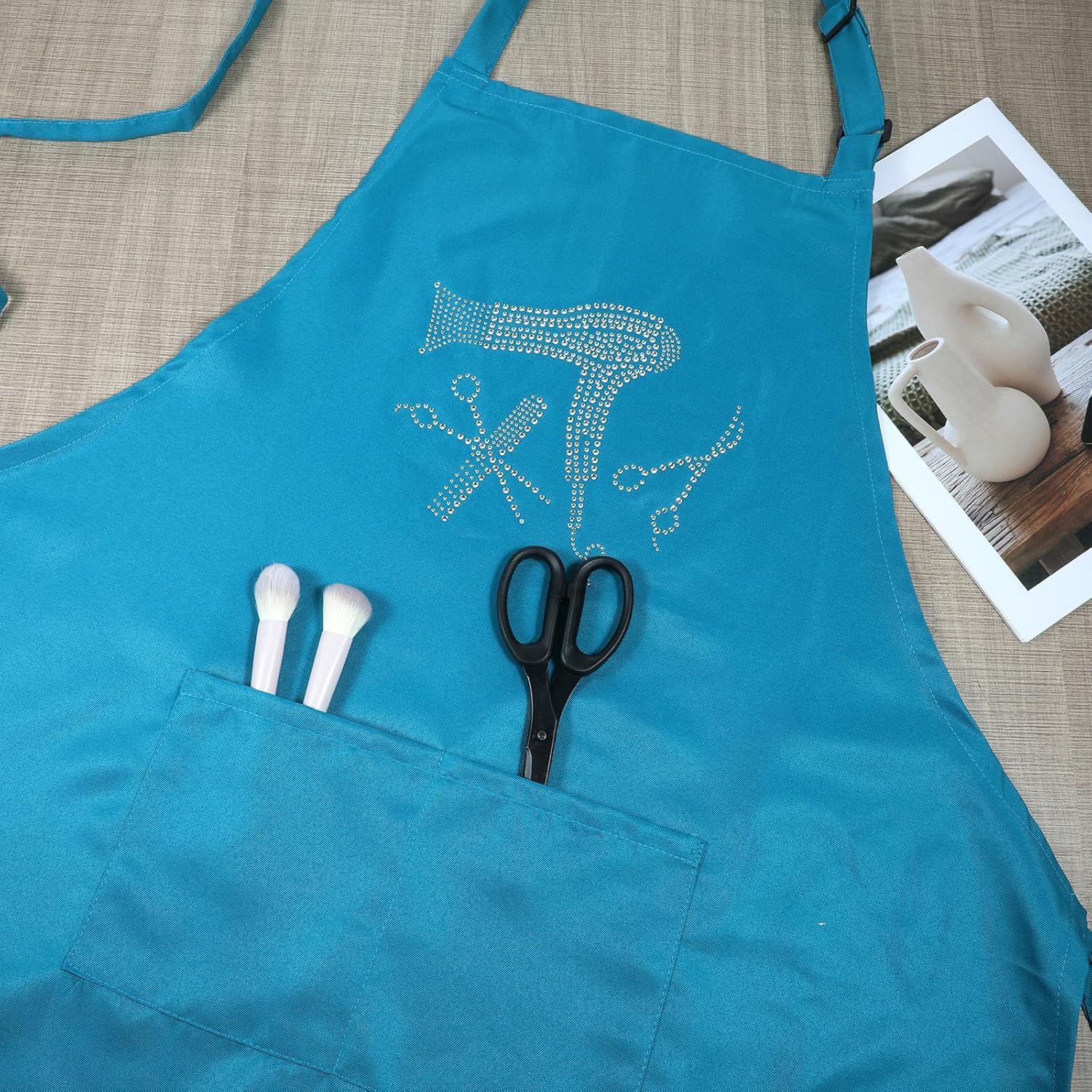 Hairdresser Apron with 3 Pockets, Waterproof Hair Stylist Aprons with Rhinestone Tools, Hair Cutting Apron Adjustable Hairs Aprons for Stylist, Barber Salon Apronss for Women and Men, Blue - Image 2