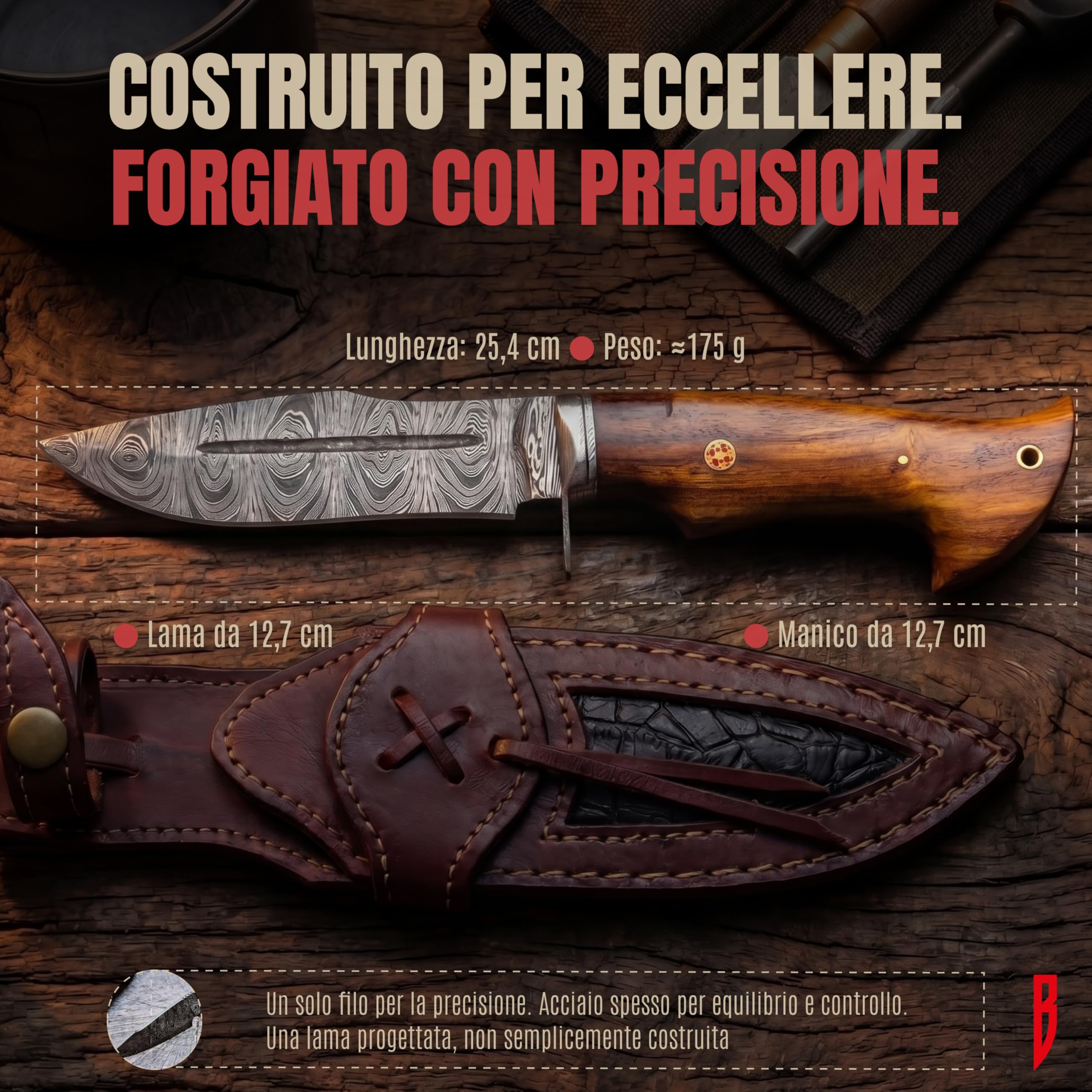 BIGCAT ROAR Beast Hunter - Coltello da Caccia Artigianale in Acciaio Damasco 25 4 cm - Manico in Legno di Noce e Fodero in Cuoio - EDC Bushcraft Campeggio Sopravvivenza - Idea Regalo Uomo Cacciatore