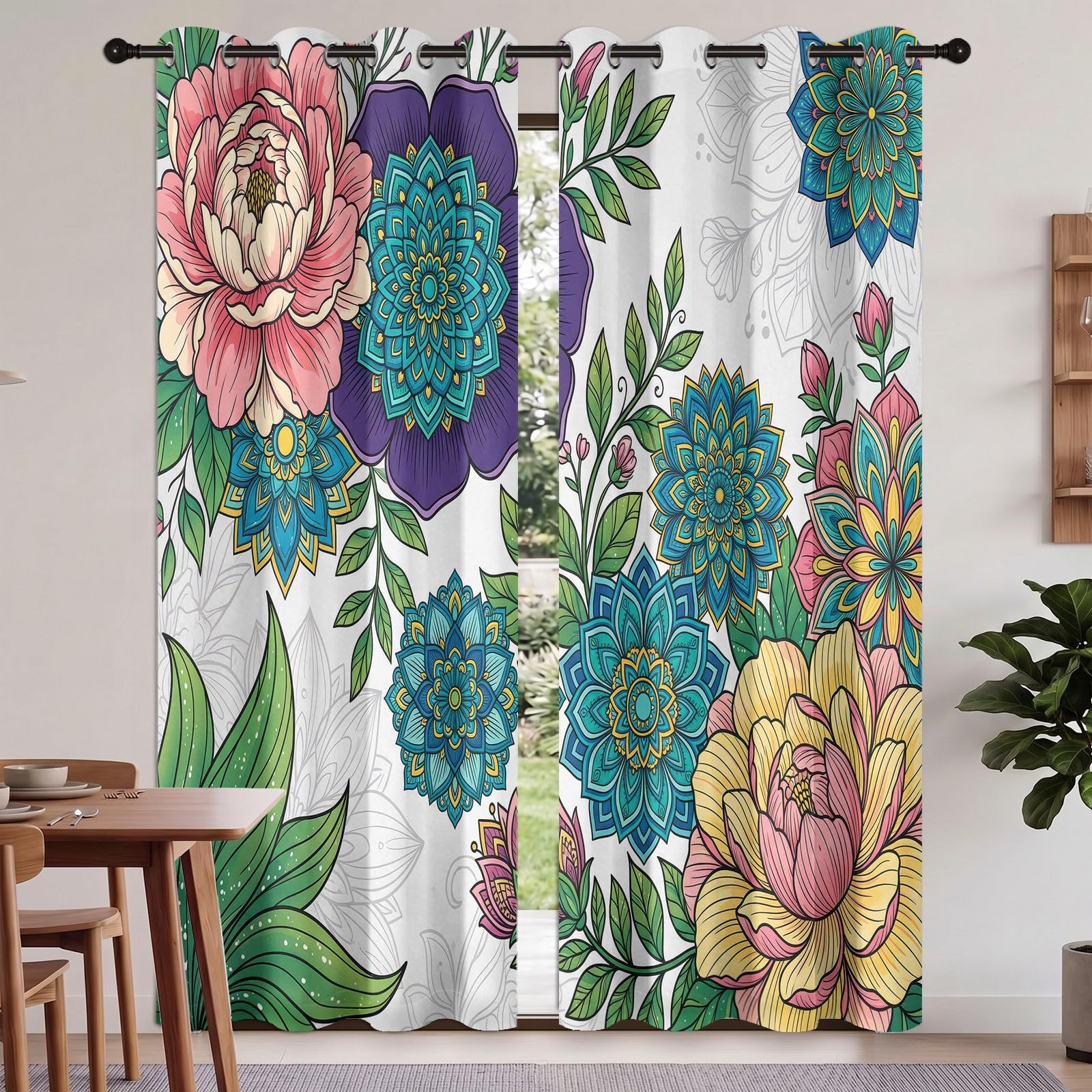 Generisch Modern Boho Verdunkelungsvorhänge Schlafzimmer 2er Set, Mandala Blumen Grüne Blätter Blickdicht Bedruckte Ösen Gardinen, Thermo Vorhänge für Schlafzimmer Kinderzimmer, H 245 x B 100 cm