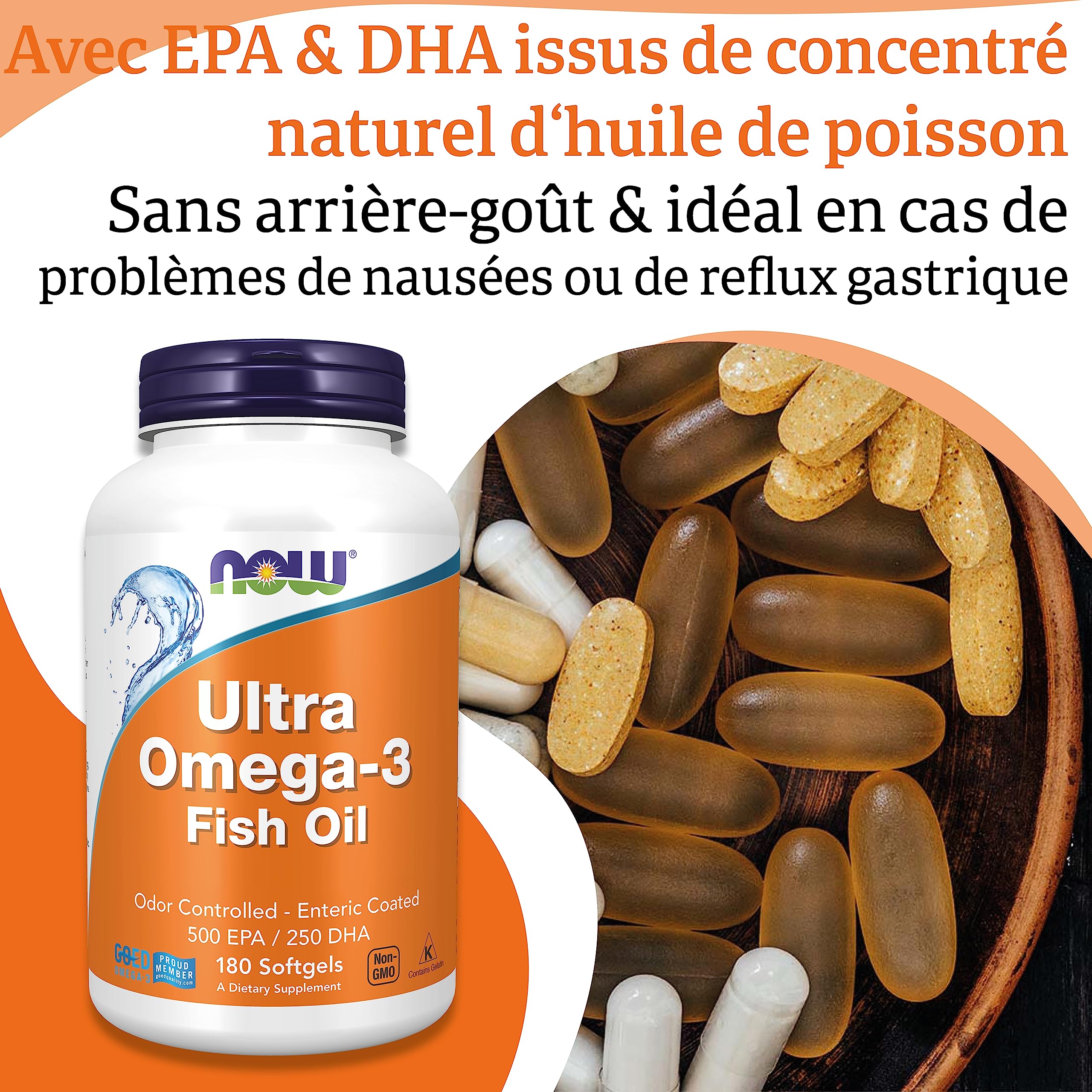 Now Foods, Ultra Omega-3, 500 EPA / 250 DHA, 180 Gélules, Testé en Laboratoire, Huile de Poisson, Sans Gluten, Sans OGM