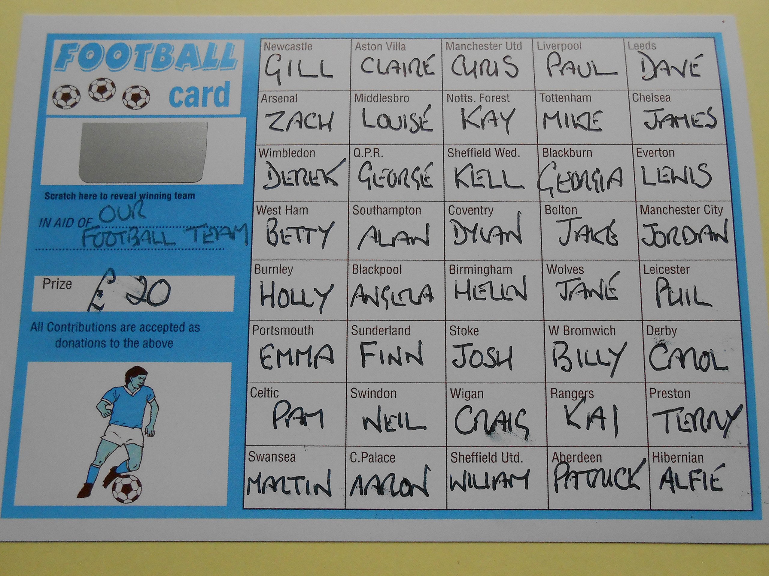 40 spaces FOOTBALL SCRATCH CARDS - PACK OF 25 - BLUE AND WHITE - RAISE 500 - Image 2