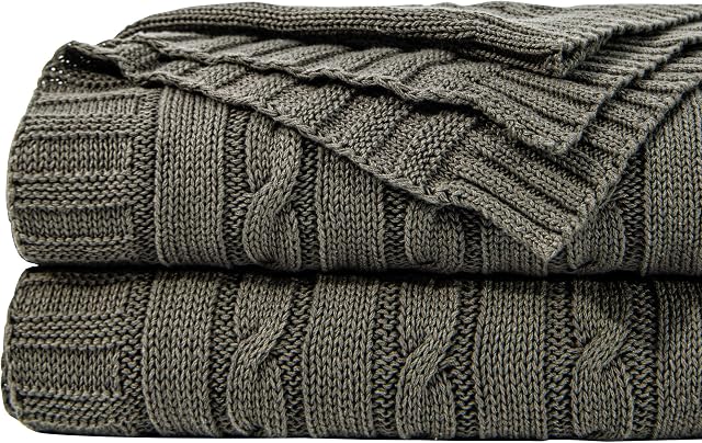 NTBAY 100% Pure Cotton Cable Knit Throw Blanket, Super Soft Warm Knitted Throw Blanket for Couch, Sofa, Chair, Bed - Extra Cozy, Machine Washable, Comfortable Home Decor, Grey, 130x170 cm