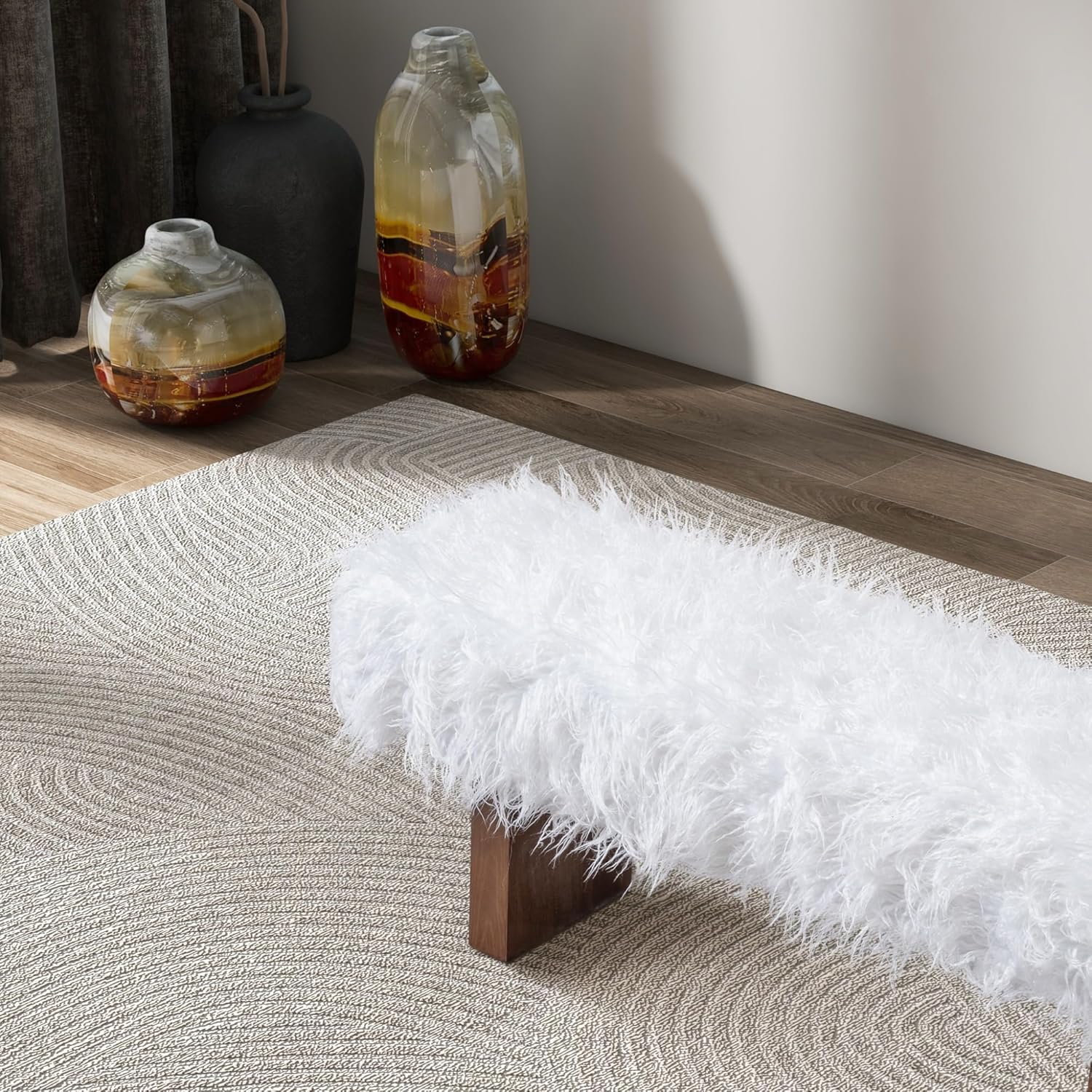 Bench in White Khaki Fur,for Foyer