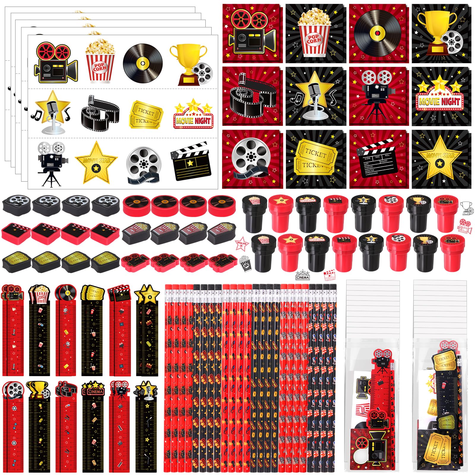 Lot de 168 articles de papeterie pour soirée cinéma, bloc-notes, autocollants, gomme, règle et crayon pour tapis rouge VIP pour fête prénatale, fête d'anniversaire