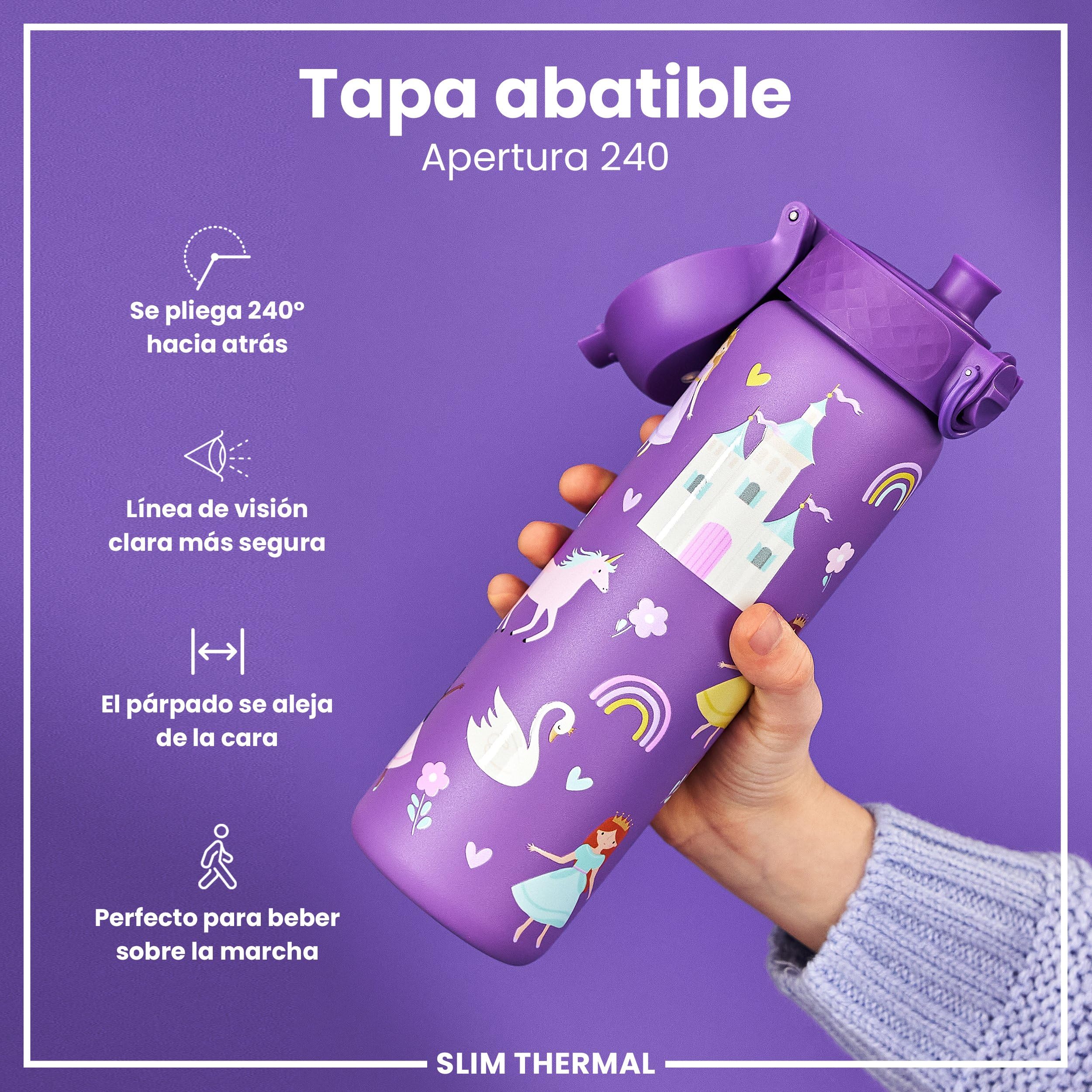 ion8 Botella Agua Acero Inoxidable Termica, 500ml, a Prueba de Fugas, Fácil de Abrir, Cerradura Segura, Aptas para Lavavajillas, Adapta a Portavasos, Asa de Transporte, Princesa