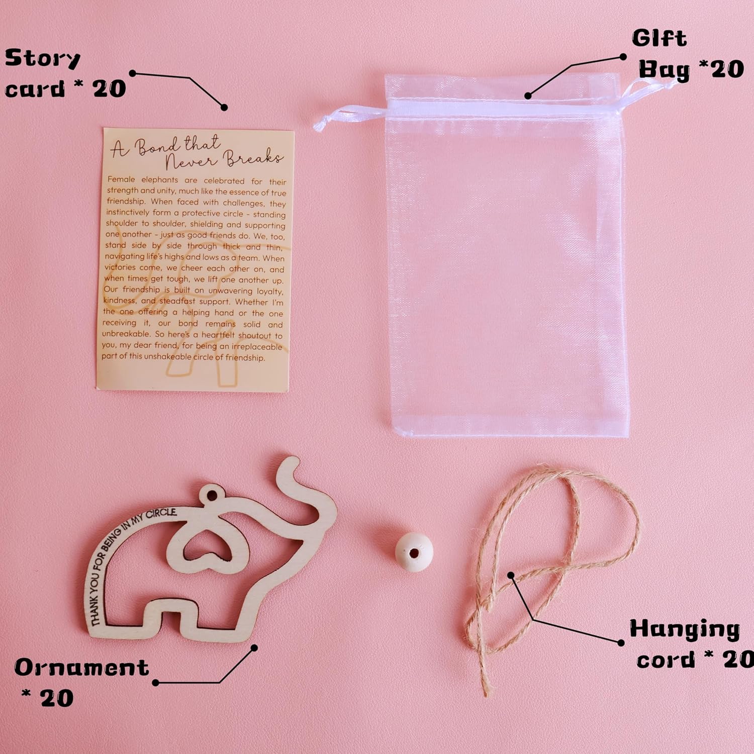 Friendship Elephant Ornament with Gift Card, Best Friend Birthday Gifts for Women, Decorative Hanging Ornament (Natural-20Pcs) - Image 5