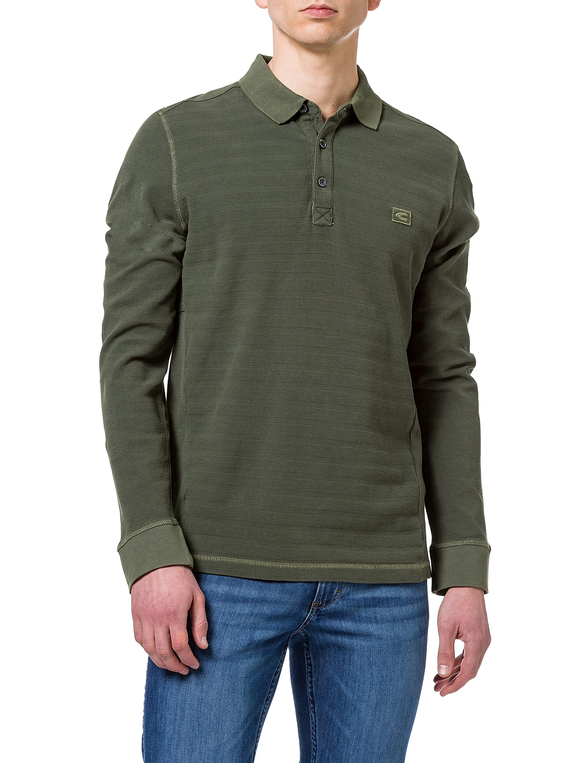 camel active Herren Langarm Polohemd Poloshirt Pique Leicht Angerauht Olive