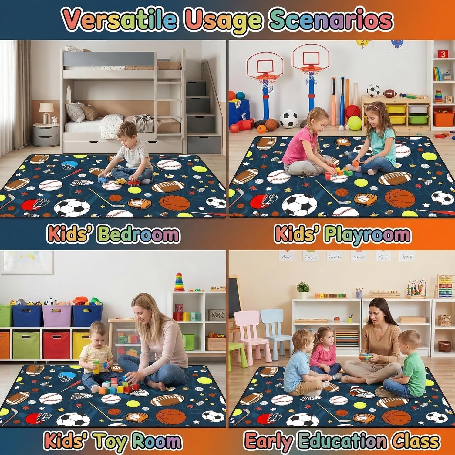 Sport Rug for Kids, Basketball Football Soccer Rug 3x4 ft, Sports Rugs for Boys Bedroom, Soft Play Floor Carpet