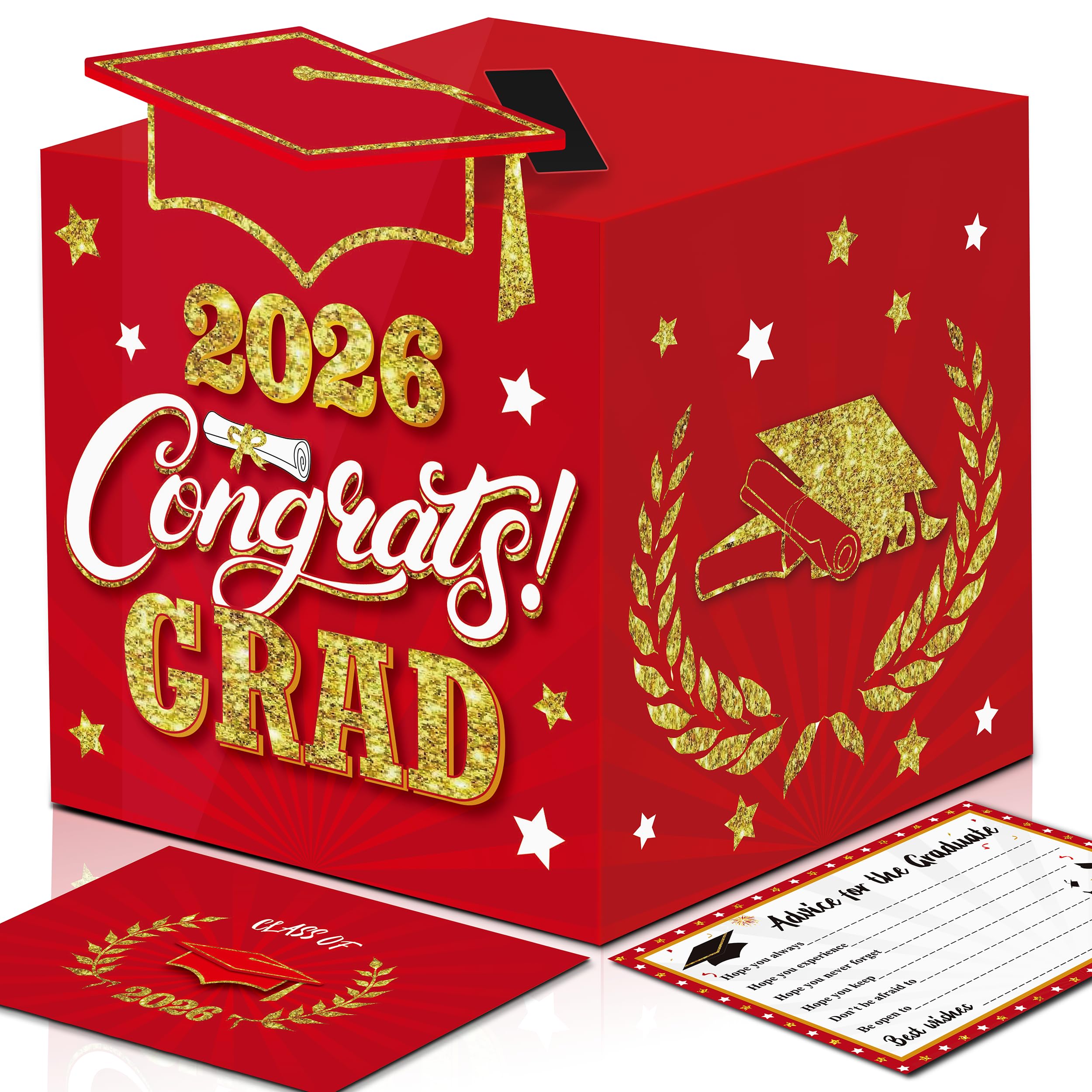Graduation Wish Cards with Red and Gold Graduation Card Holder Box - 36PCS Class Of 2026 Graduation Advice Cards and 2026 Congrats Grad Card Box for Graduation Party Supplies Decoration