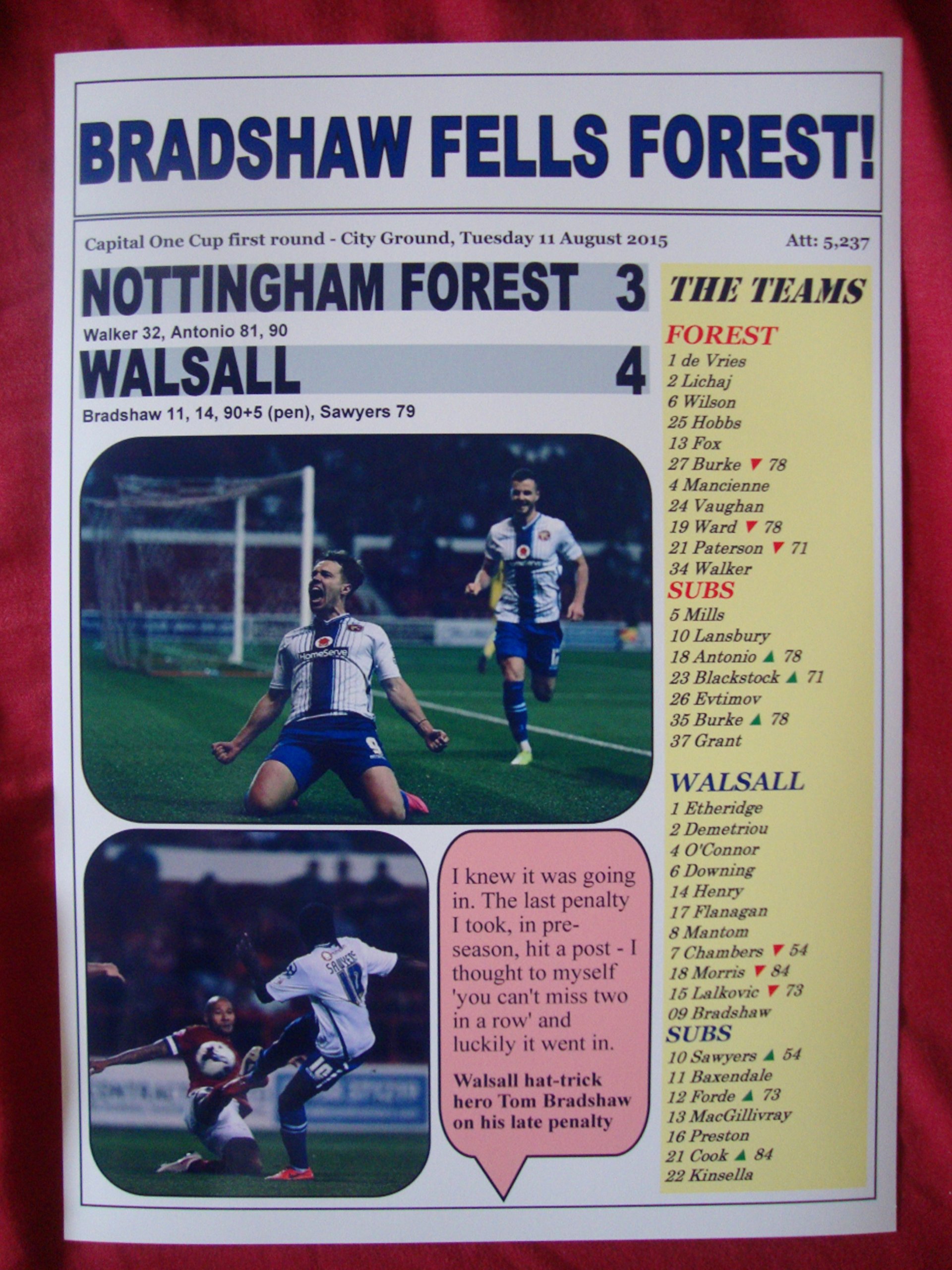 Lilywhite Multimedia Nottingham Forest 3 Walsall 4 - 2015 Capital One Cup - Souvenir Print