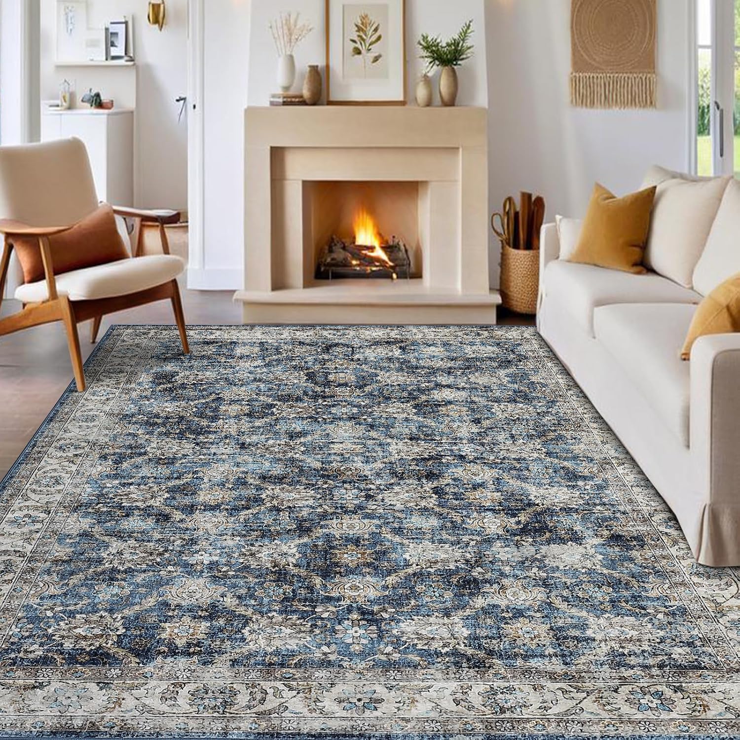 9x12 Large Area Rug Machine Washable Low Pile Rugs for Living Room, Ultra Soft Vintage Floral Non Slip Carpet, Foldable Lightweight Floor Cover for Dining Room, Bedroom, Blue