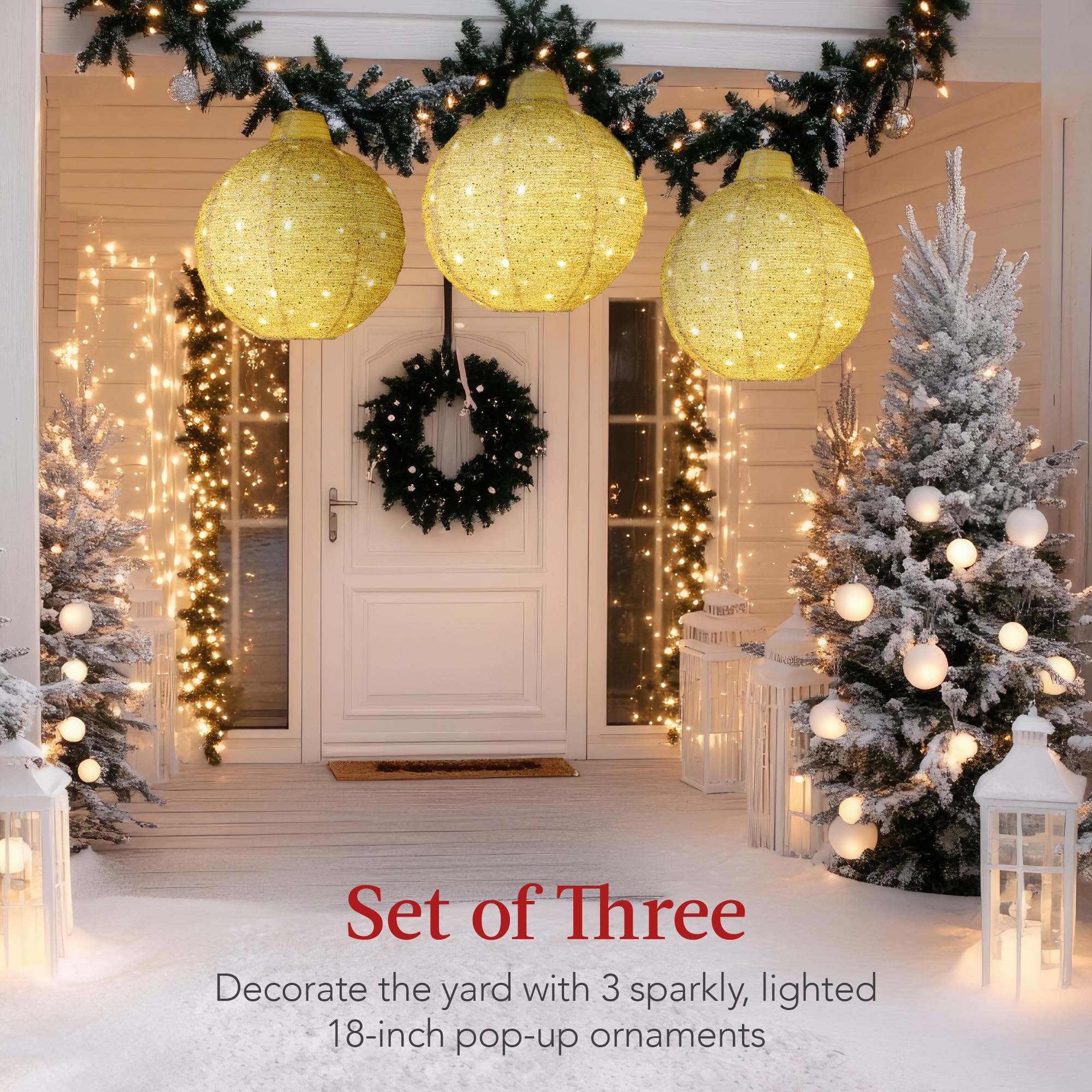 Best Choice Products 3pc Lighted Pop-Up Outdoor Hanging Christmas Ornament Set, Holiday Ball Decor, Battery LEDs, 8 Twinkling Light Functions - Gold