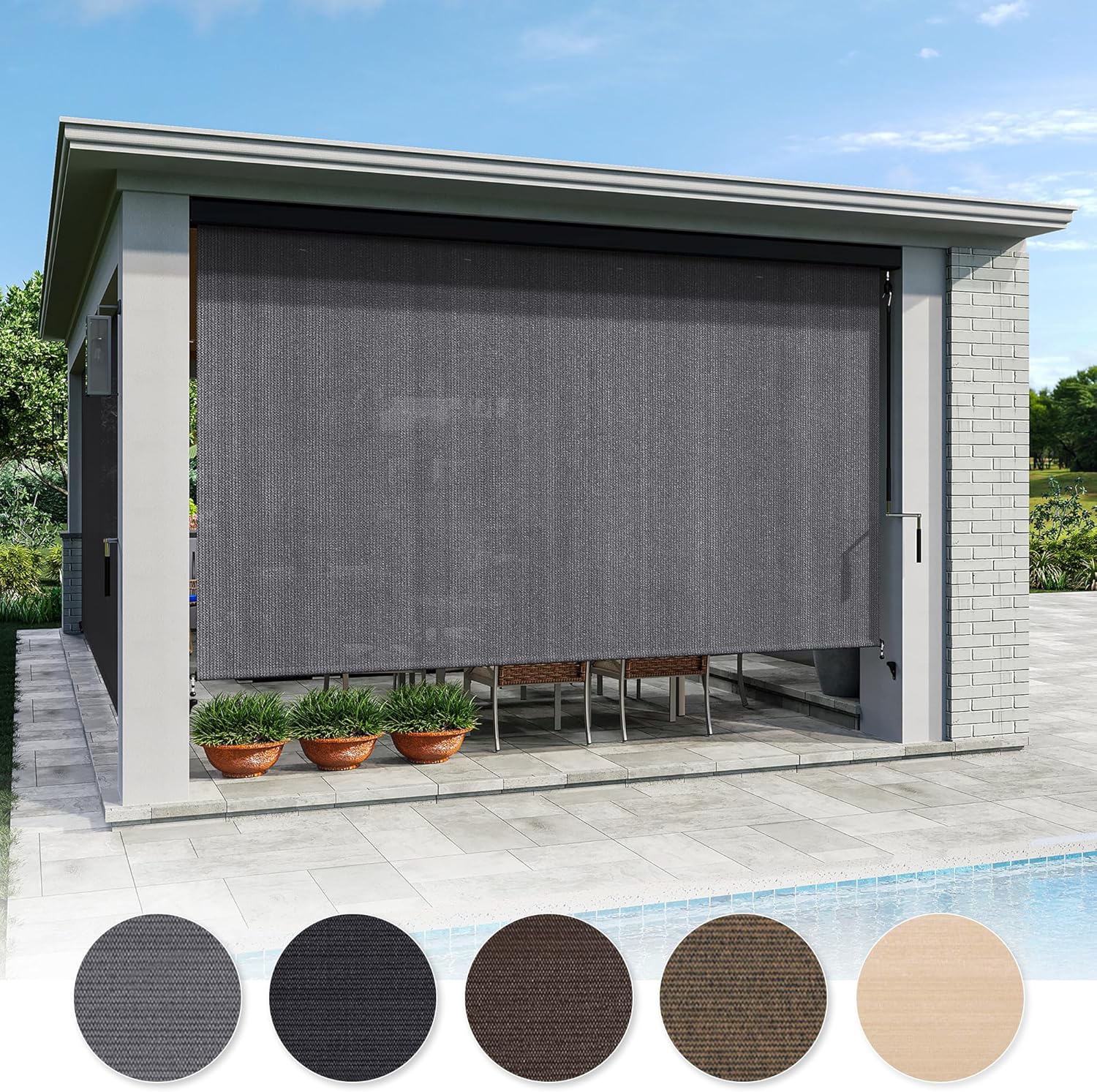 VICLLAX Premium Outdoor Roller Shade, 220GSM 95% Patio Cordless Blinds with Aluminum Valance (4' W X 8' L), Anthracite