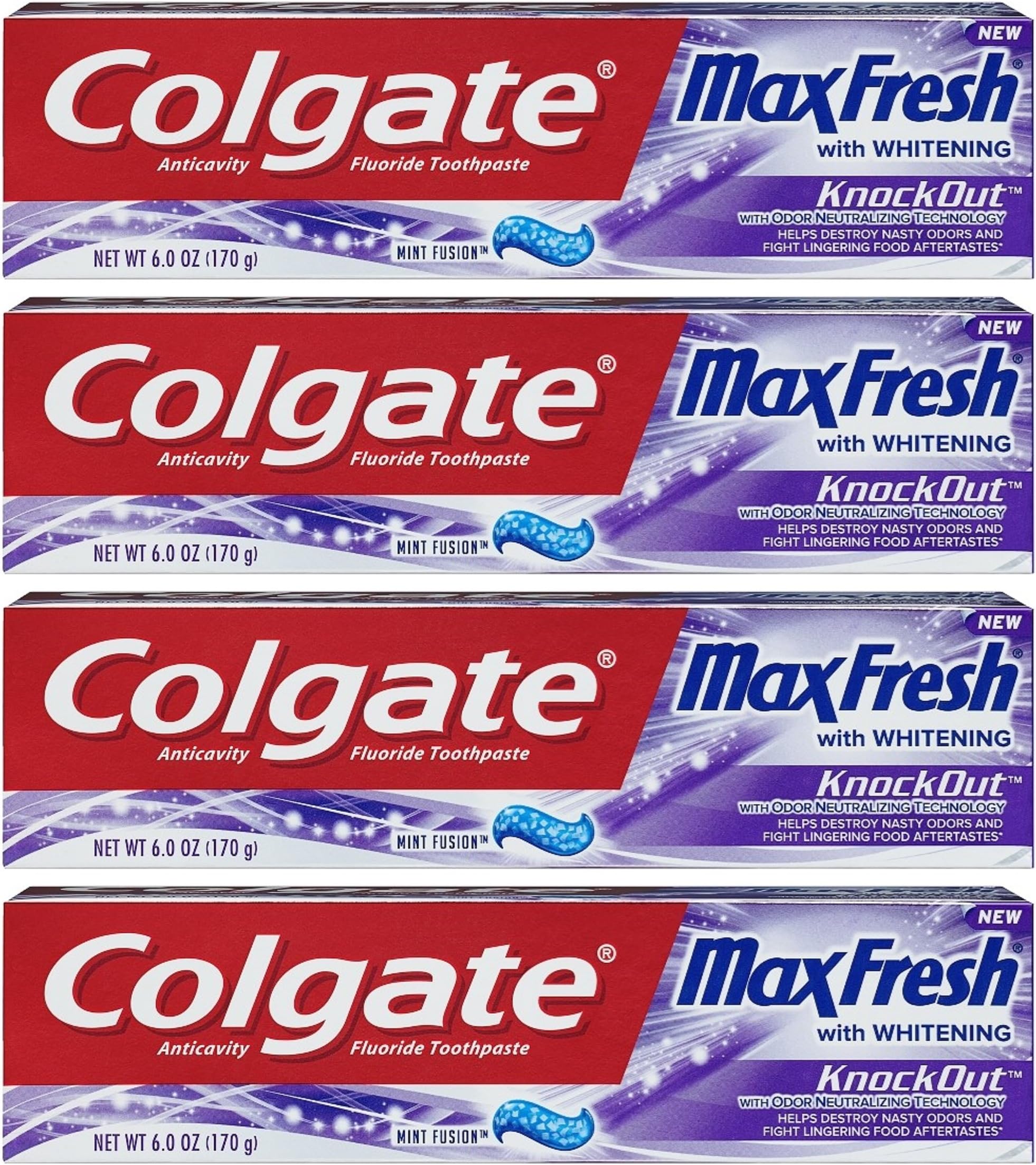 Max Fresh Toothpaste - KnockOut - With Odor Neutralizing Technology - Net Wt. 6 OZ (170 g) Per Tube - Pack of 4 Tubes