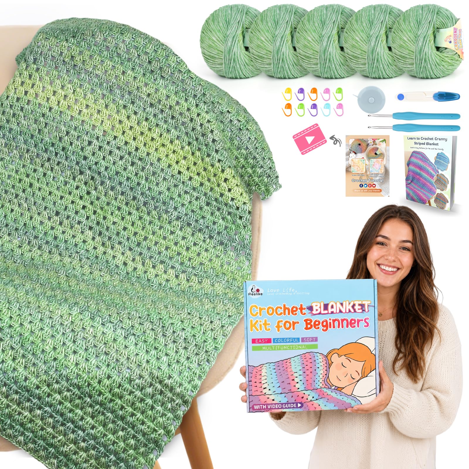 Aeelike Crochet Blanket Kit for Beginners, Easy Blanket Crochet Kits, Green