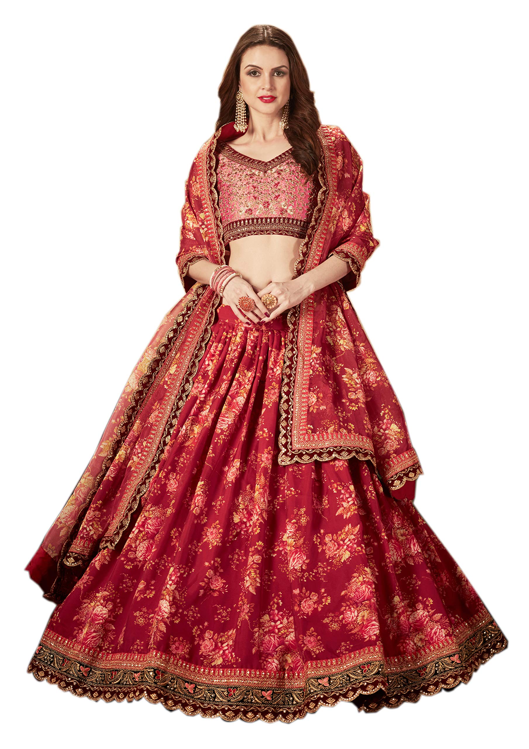 MEGHALYA Women's Organza Semi stitched Lehenga Choli (ZC FLORAL 7608_Maroon_Free Size)