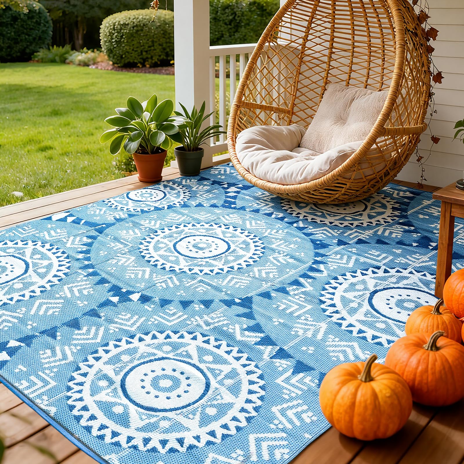 Patio Rugs Outdoor 9x12 Clearance Waterproof Outdoor Rugs Camping Rugs for Outside Your Rv Plastic Straw Rug Boho Outdoor Mat Stain Resistant Navy Blue Patio Carpet for Deck,Camping,Pool