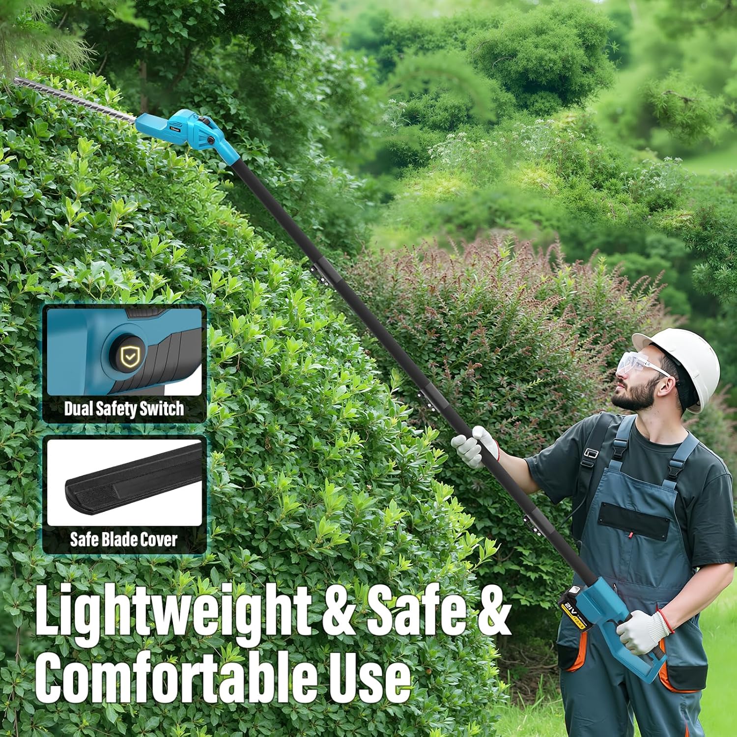 Brushless Pole Hedge Trimmer Cordless, 20.5" Dual-Action Blade, 180° Adjustable Head Electric Bush Trimmer, 2×4000mAh Batteries, Up to 14.9FT Reach Battery Powered Hedge Trimmers for Shrubs Pruning