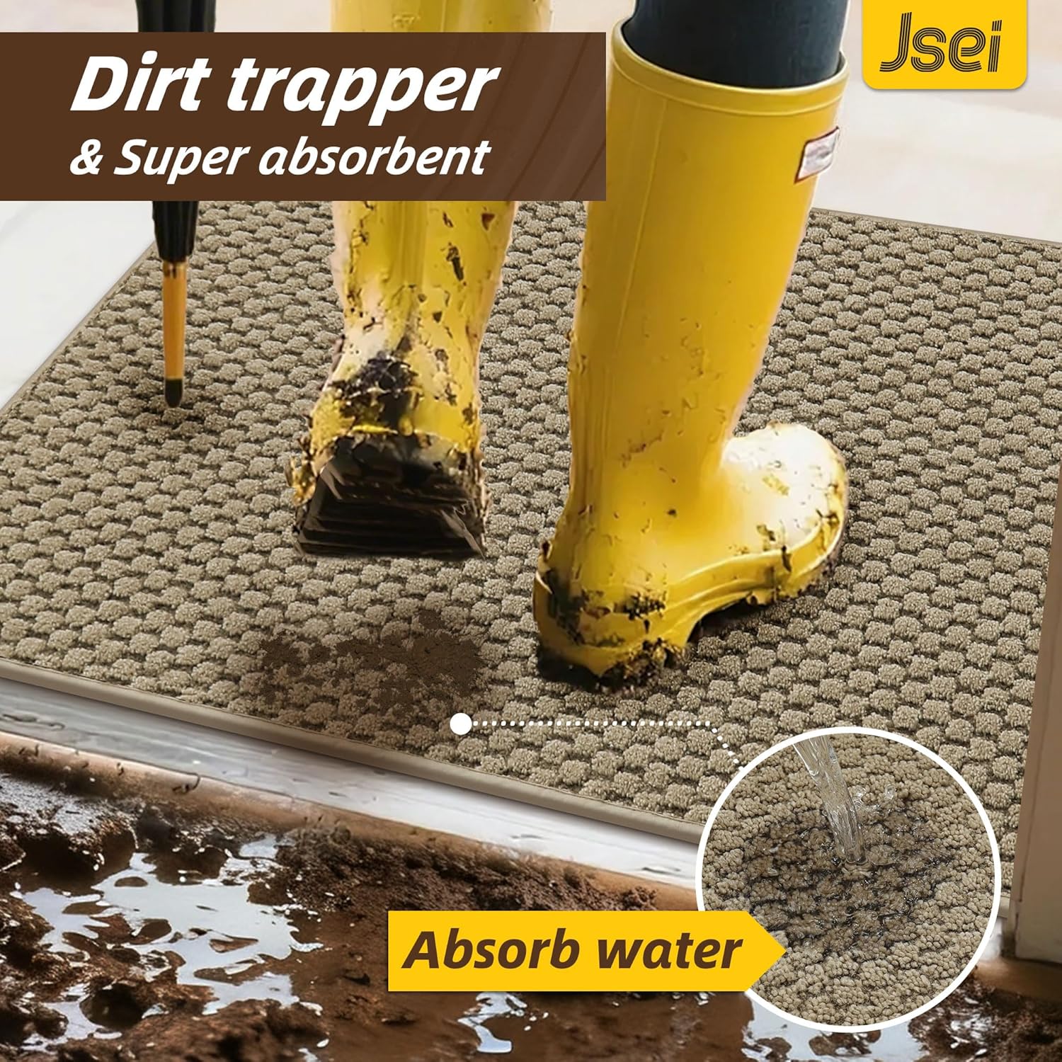 JSEI Dirt Trapper Door Mat 32"x48", Non-Slip Entryway Rugs Doormat Indoor, Washable Absorbent and Stain Resist Welcome Floor Mat for Front Door, Dog Door Mat, Dirty Wet Shoes & Paws, Beige